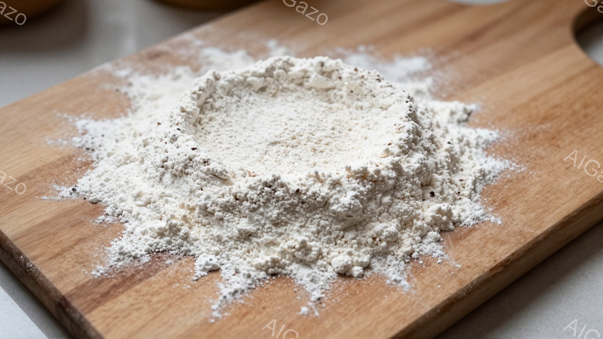 木のまな板の上に小麦粉が円形に広がっている様子が写っている。粉は全体的に白く、中央部分に少し濃い色の粒が見られる。背景はぼやけており、調理や製菓の準備段階を示唆している。 - AI生成フリー素材