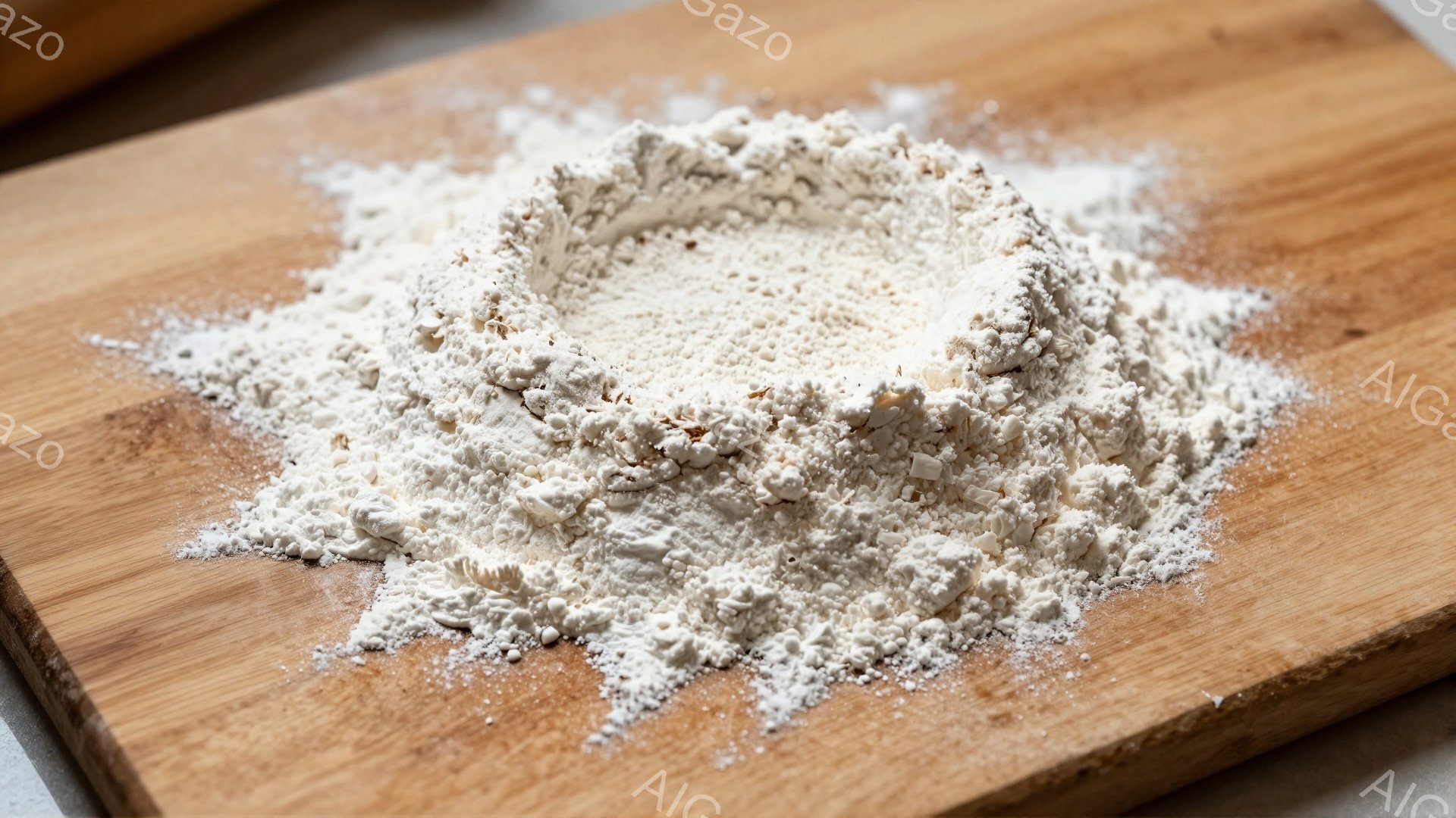 木のまな板の上に白い粉が円形に盛り上げられています。粉の中心には窪みがあり、おそらく調理の準備段階であることが伺えます。背景はぼやけており、粉とまな板が主な被写体となっています。