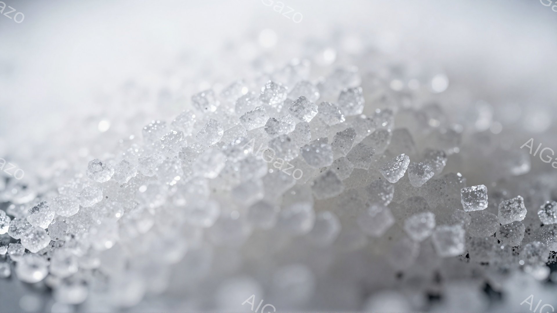 画像は砂糖の結晶が密集して写っており、白く輝く小さな立方体が全体を覆っています。焦点の合わない部分もあり、砂糖の粒子がキラキラと光を反射しており、まるで雪のような印象を与えます。背景は白っぽくぼやけており、砂糖の質感と輝きが際立っています。