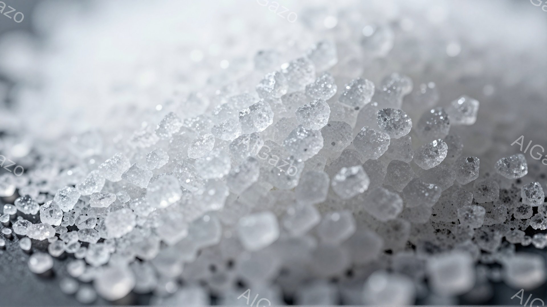 この画像は、小さな氷の粒が密集して写っており、まるで冬の雪景色を極限まで拡大したような印象を与えます。光が氷の粒を通して反射し、キラキラと輝き、冷たく凍てつくような雰囲気が伝わってきます。背景は暗く、氷の粒の白さが際立っており、冬の厳しい自然を彷彿とさせます。