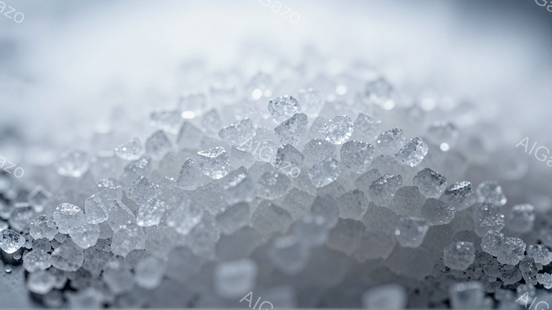 氷の結晶のような粒子のクローズアップ写真です。無数の透明な粒子が密集し、わずかに光を反射してキラキラと輝いています。背景はぼやけており、粒子が際立つことで、冷たく凍てついた雰囲気を醸し出しています。