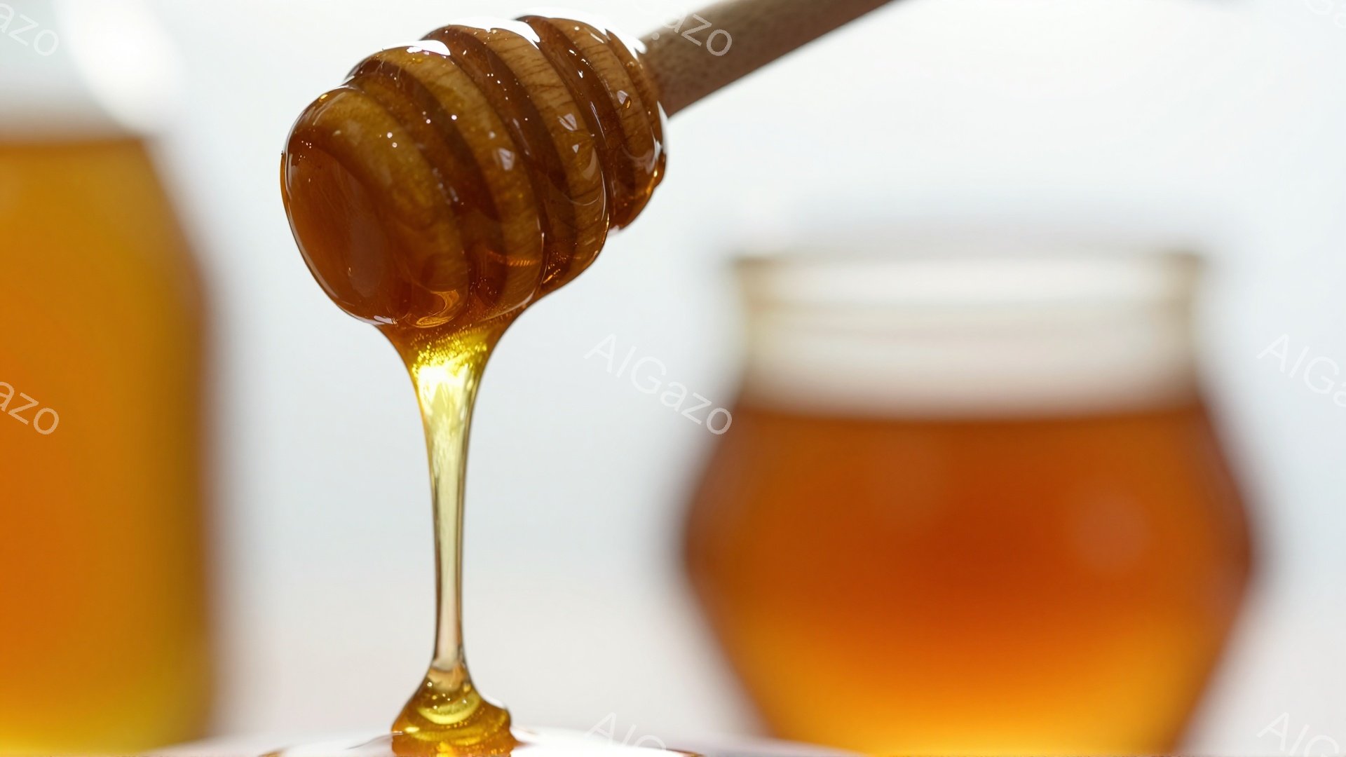 蜂蜜が滴り落ちる様子を捉えたクローズアップ写真です。背景には蜂蜜が入った瓶と、おそらく別の瓶がぼやけて写っており、全体的に温かみのある黄金色で統一されています。蜂蜜の粘性と透明感、そして光の反射が美しく、甘くて美味しい雰囲気を醸し出しています。