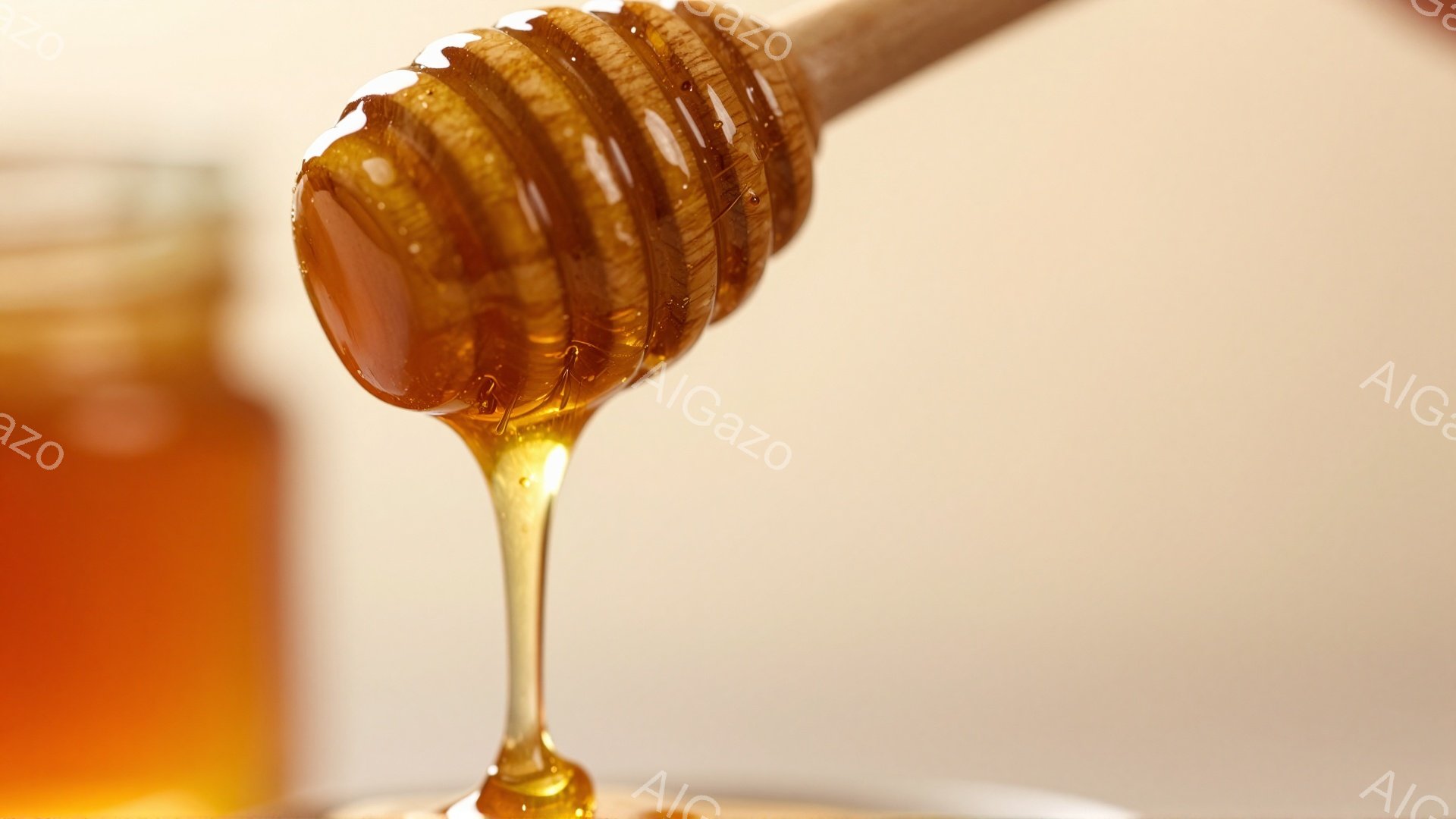 蜂蜜が滴るハチミツベラの写真です。琥珀色の蜂蜜が、木製のベラから細く長く垂れており、甘くてとろりとした質感が強調されています。背景は明るいベージュ色で、蜂蜜の温かみと自然な雰囲気を引き立てています。