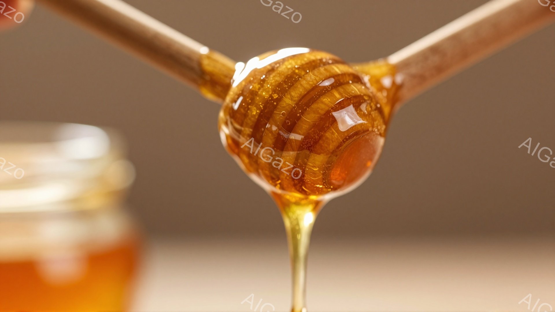 蜂蜜がスプーンから流れ落ちる様子を捉えたクローズアップ写真です。蜂蜜は金色で透明感があり、甘くて濃厚な質感が伝わってきます。背景には蜂蜜が入った瓶がぼんやりと見え、全体的に温かく、甘い雰囲気を醸し出しています。