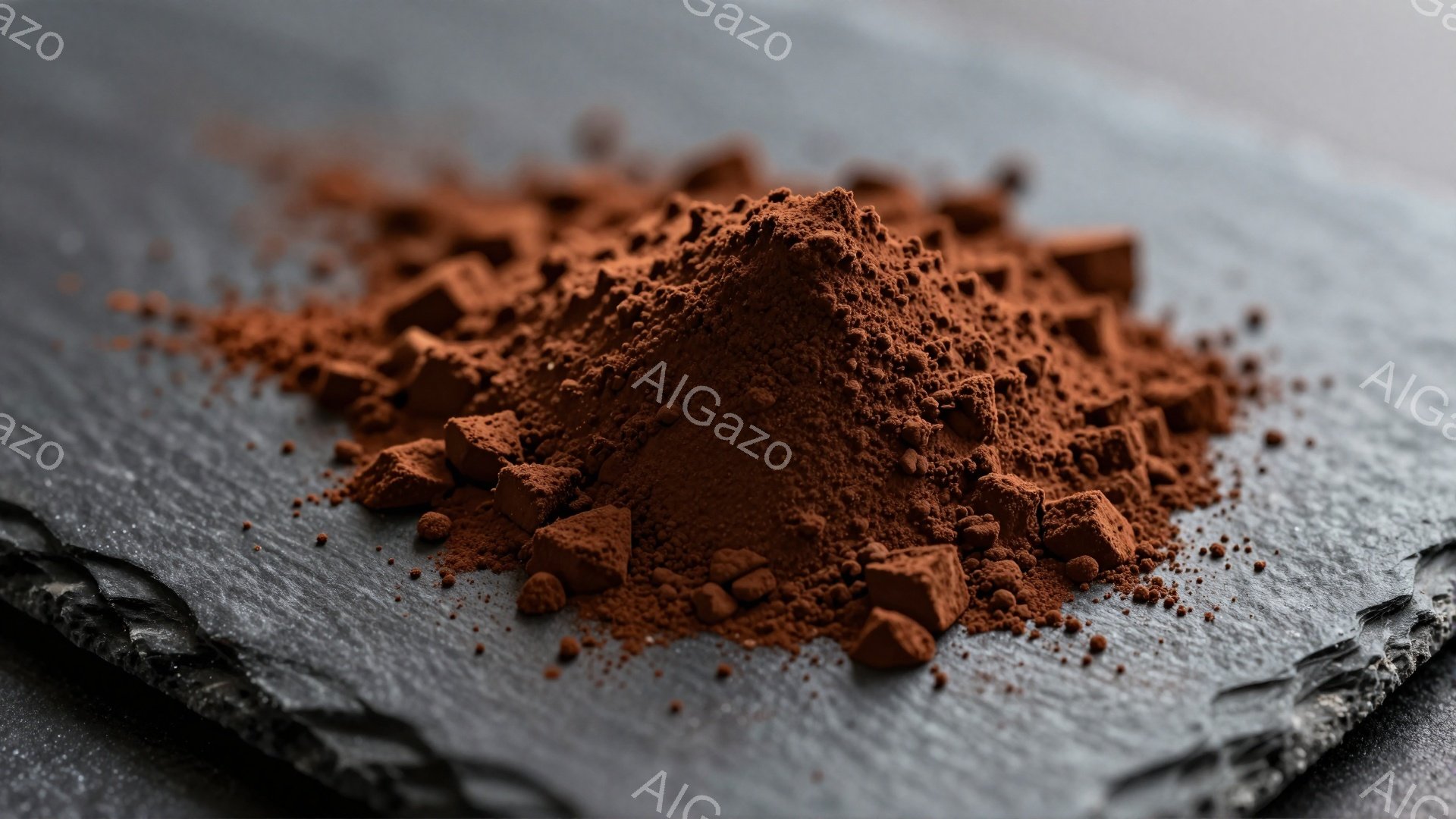 濃い茶色のココアパウダーが、黒色のスレート板の上に山積みになっている。粉末と粗い粒が混ざり合い、食欲をそそるテクスチャを作り出している。背景は暗く、パウダーの色合いが際立って見える。