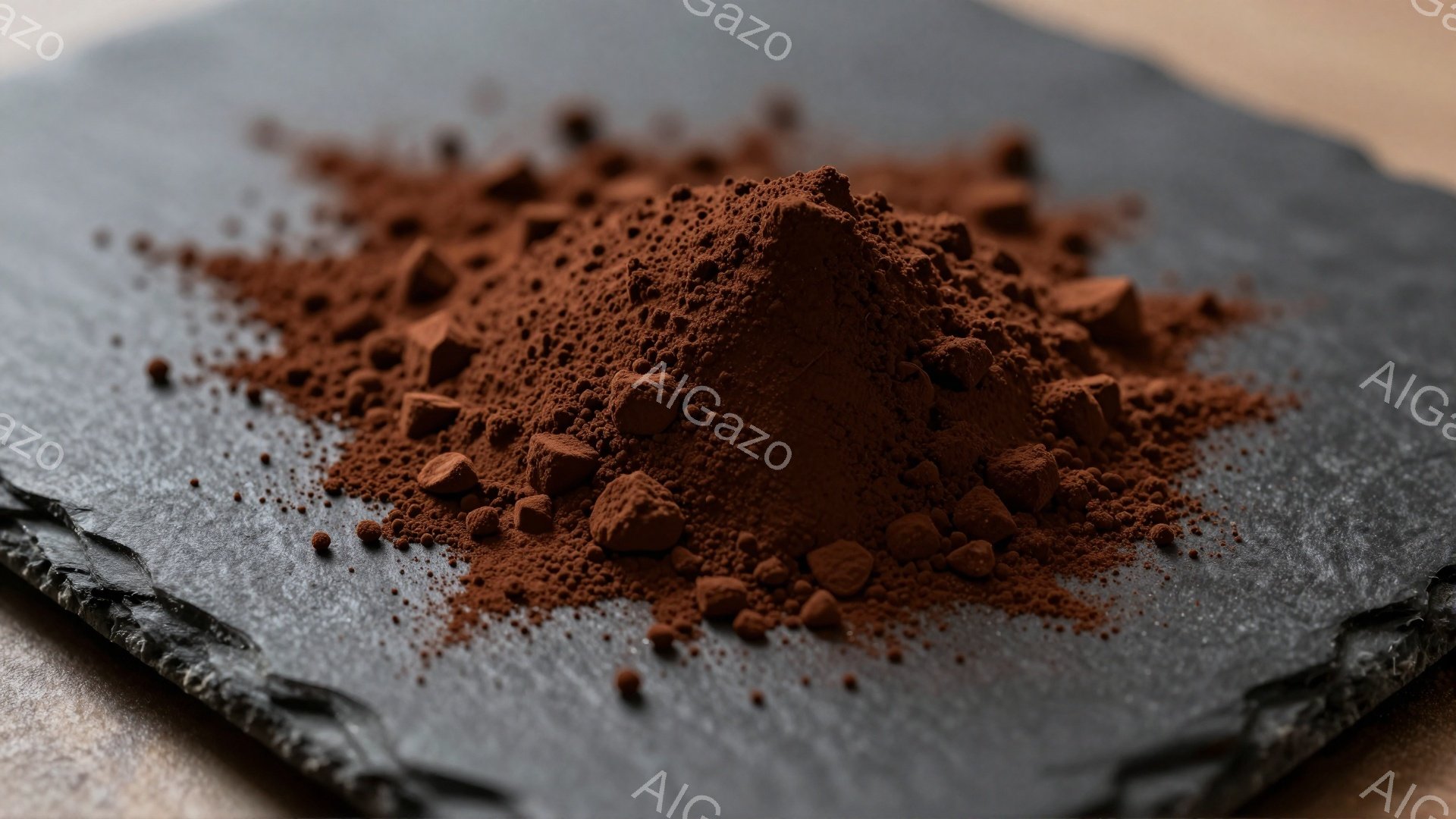 濃い茶色のパウダー状の物質が、黒色のスレート板の上に山積みに置かれている。パウダーは微細な粒子と粗い塊が混ざり合い、テクスチャが強調されている。背景はぼやけており、パウダーの色と質感が際立っている。
