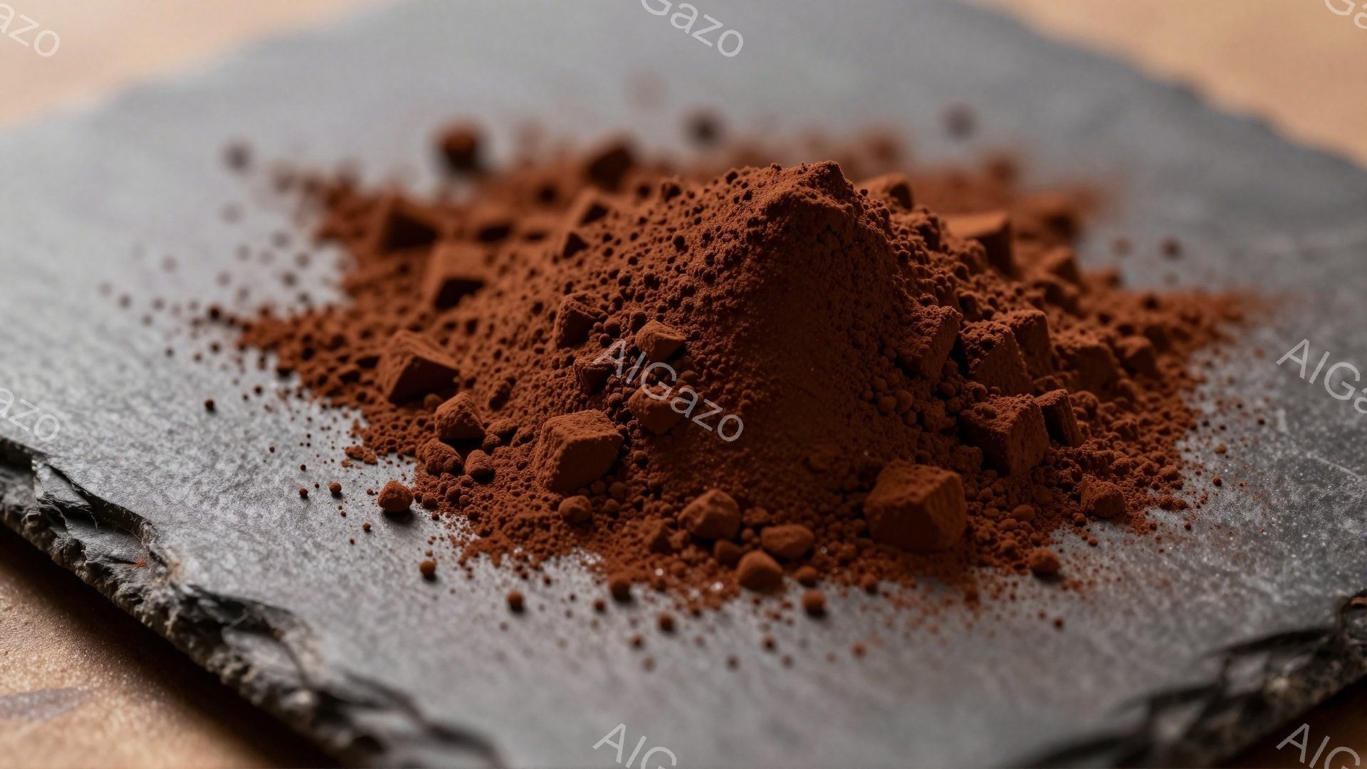 濃い茶色のココアパウダーが、黒いスレートのような板の上に散りばめられています。パウダーの一部は微細で、一部は小さな角のような形をしており、質感の違いがわかります。背景はぼやけた茶色で、パウダーの色を引き立てています。