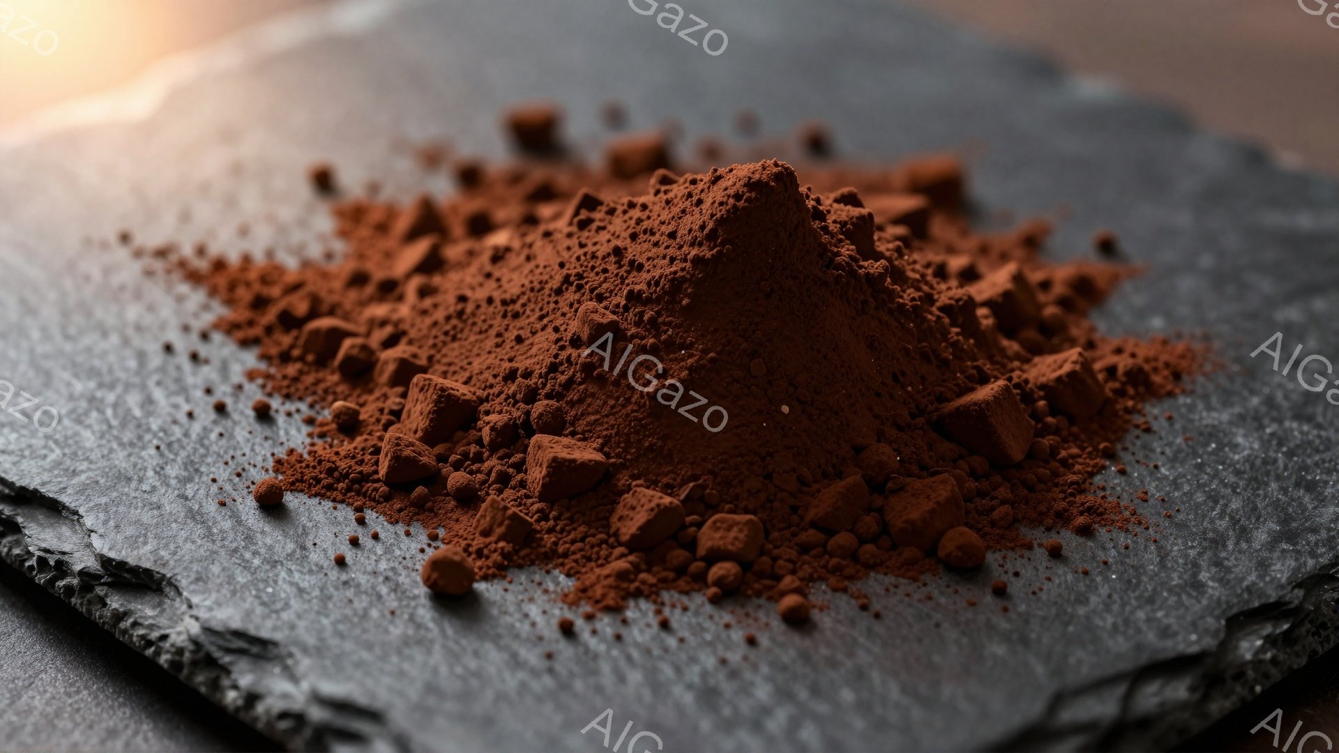粗い黒いスレートの上に、赤茶色の粉末状の物質が山のように積まれています。粉末には小さな、不規則な形の固形物が散りばめられており、ココアパウダーやチョコレートの粉末を思わせます。背景は暗く、粉末の深みの - AI生成フリー素材