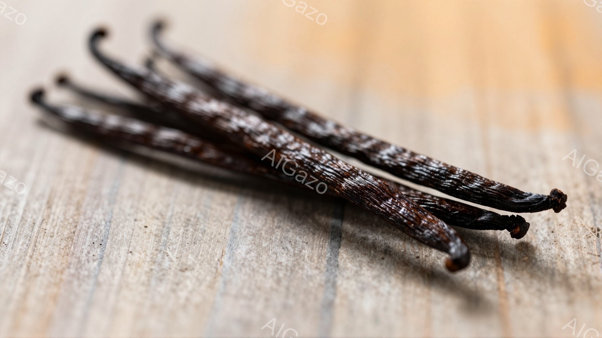 画像には、木製の背景にバニラビーンズが数本写っています。バニラビーンズは濃い茶色で、シワが特徴的です。木製の背景は、バニラビーンズの自然な色合いを引き立てています。 - AI生成フリー素材