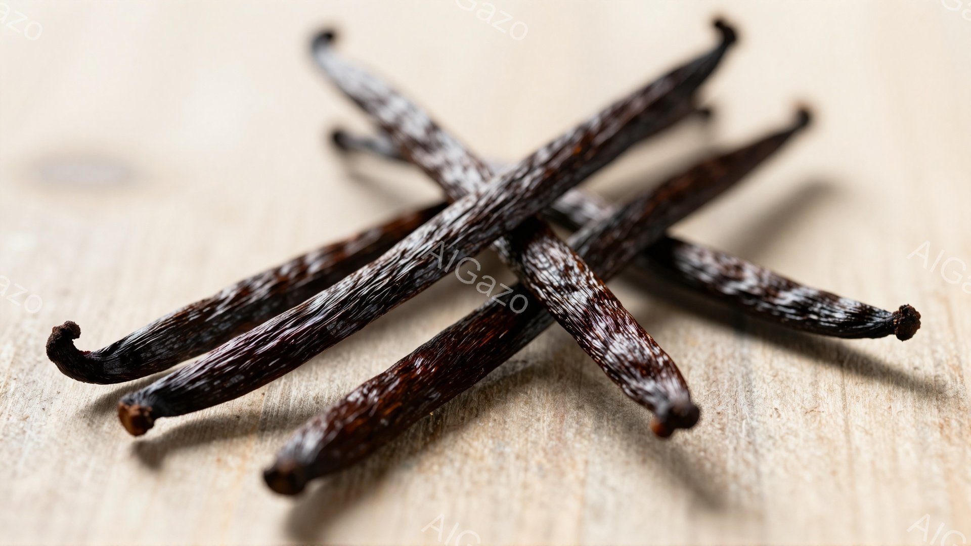 画像には、濃い茶色のバニラビーンズが、木製の背景に数本並べられています。ビーンズは少し乾燥しており、表面には細かいシワが見られます。全体的に、温かみがあり、自然な雰囲気が漂っています。