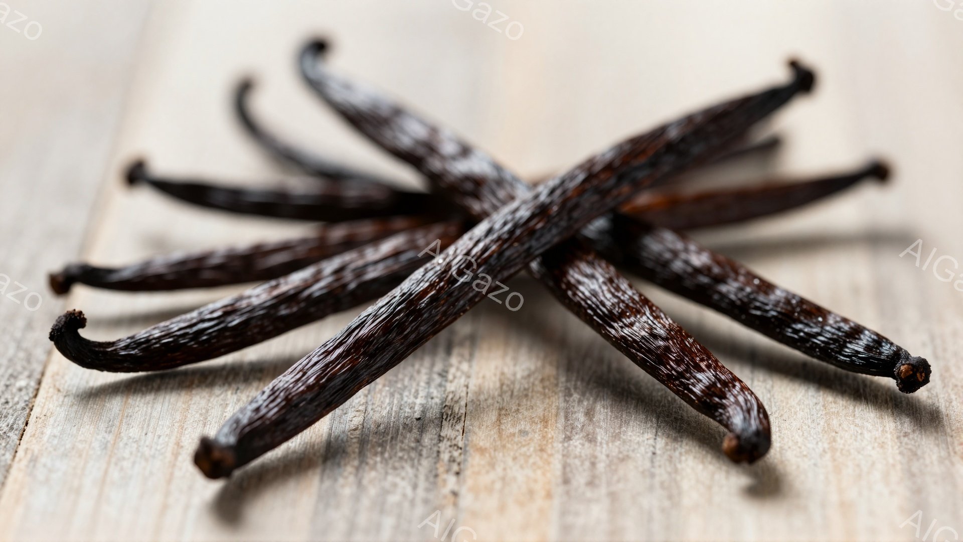 画像には、木製の表面に置かれた複数のバニラビーンズが写っています。バニラビーンズは濃い茶色で、わずかに湾曲しており、光沢があります。背景は木製の質感があり、ビーンズの自然な色合いと温かさを引き立ててい - AI生成フリー素材