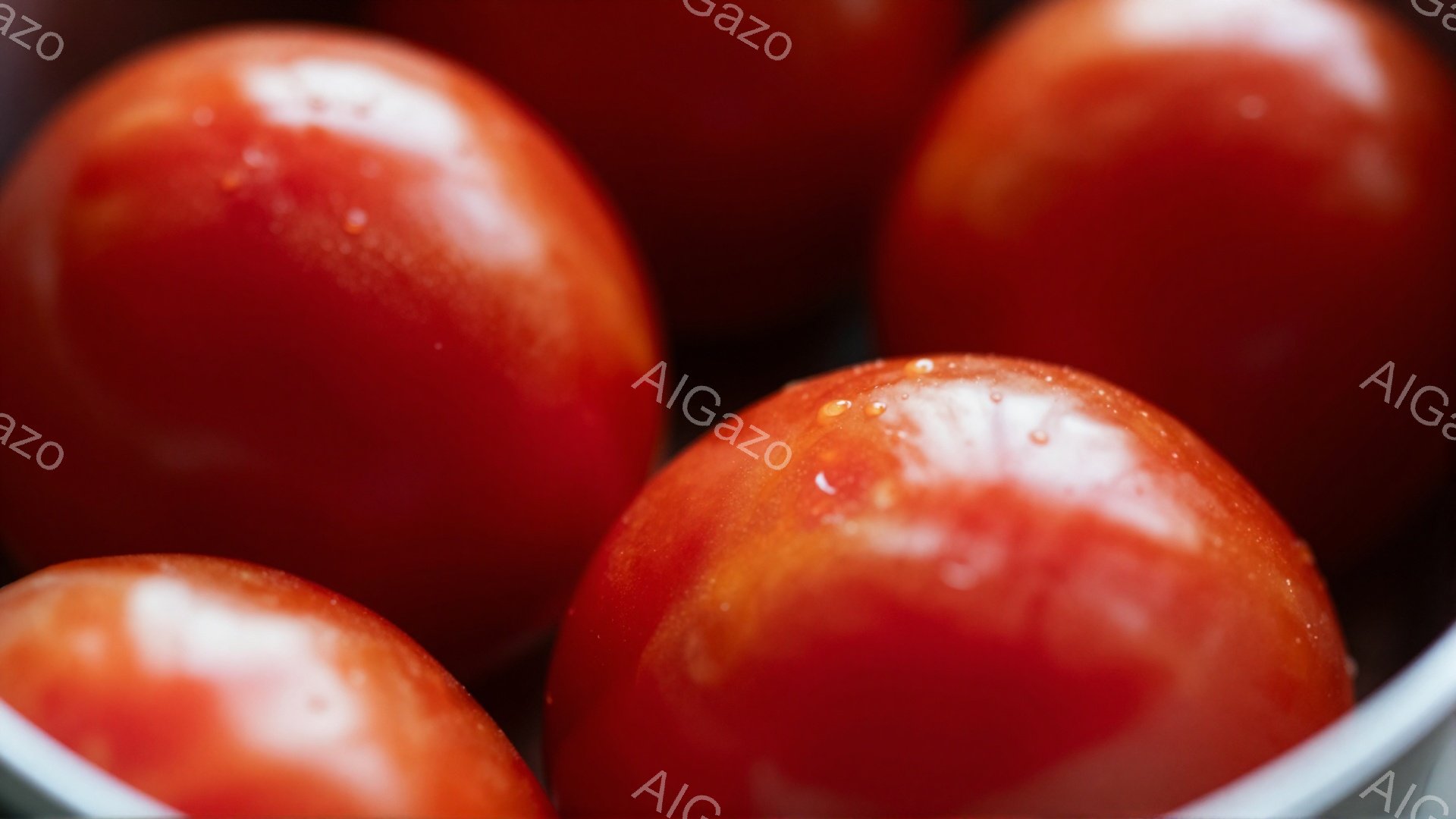 鮮やかな赤色のトマトが、浅い金属製の容器の中にぎっしりと詰まっています。トマトの表面には水滴が光り、まるで新鮮な朝露のようであり、全体的にみずみずしい印象を与えます。背景はぼやけており、トマトの鮮やかさが際立っています。