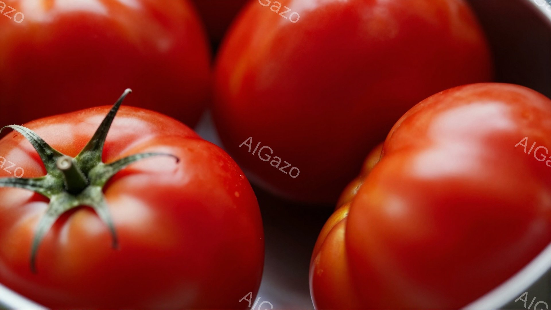 鮮やかな赤色のトマトがいくつか、まるで石畳のように並んでいます。最も手前のトマトには緑色のヘタがつき、瑞々しい質感と丸みを帯びた形状が特徴的です。背景はぼやけており、トマトの鮮やかさが際立ち、全体的に自然で素朴な雰囲気を醸し出しています。