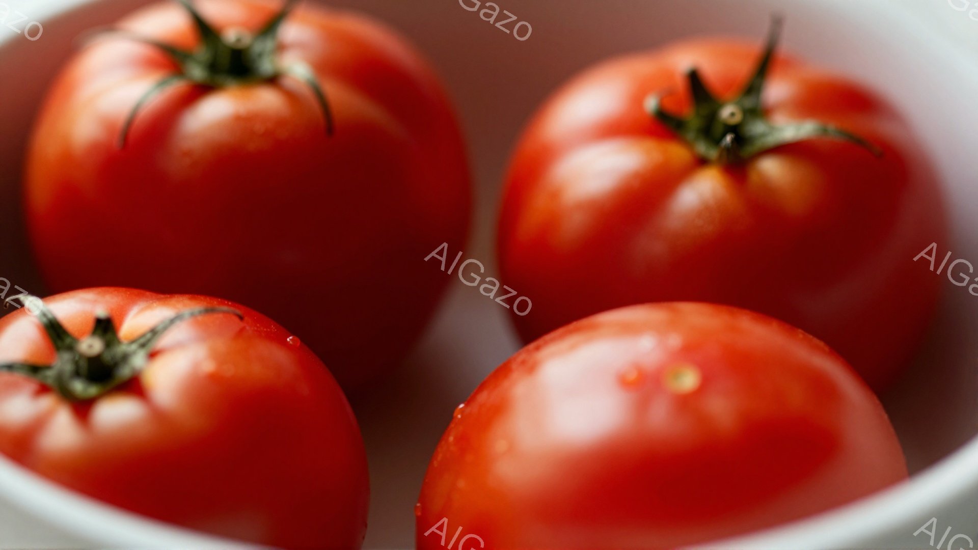 鮮やかな赤色のトマトが4つ、白い容器の中に並んでいます。表面には水滴がついており、みずみずしさが感じられます。全体的にシンプルで、トマトの鮮やかさが際立つ、清潔感のあるイメージです。 - AI生成フリー素材