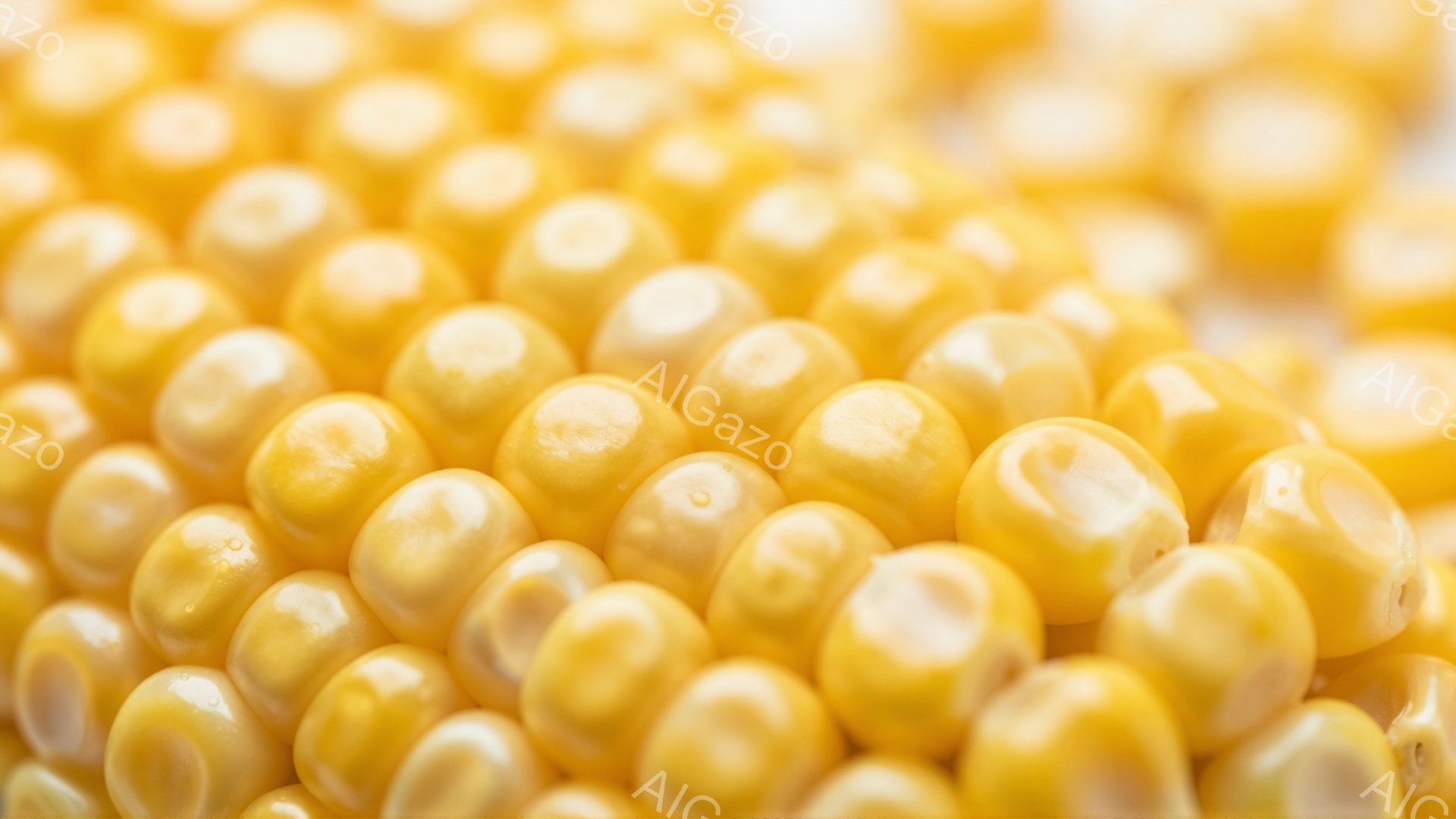 この画像は、黄色いトウモロコシの粒が密集して写っており、表面はわずかに光沢があり、みずみずしい印象を与えます。粒は球形で、均一な大きさではありませんが、全体として規則的に配置されています。背景は白くぼ - AI生成フリー素材
