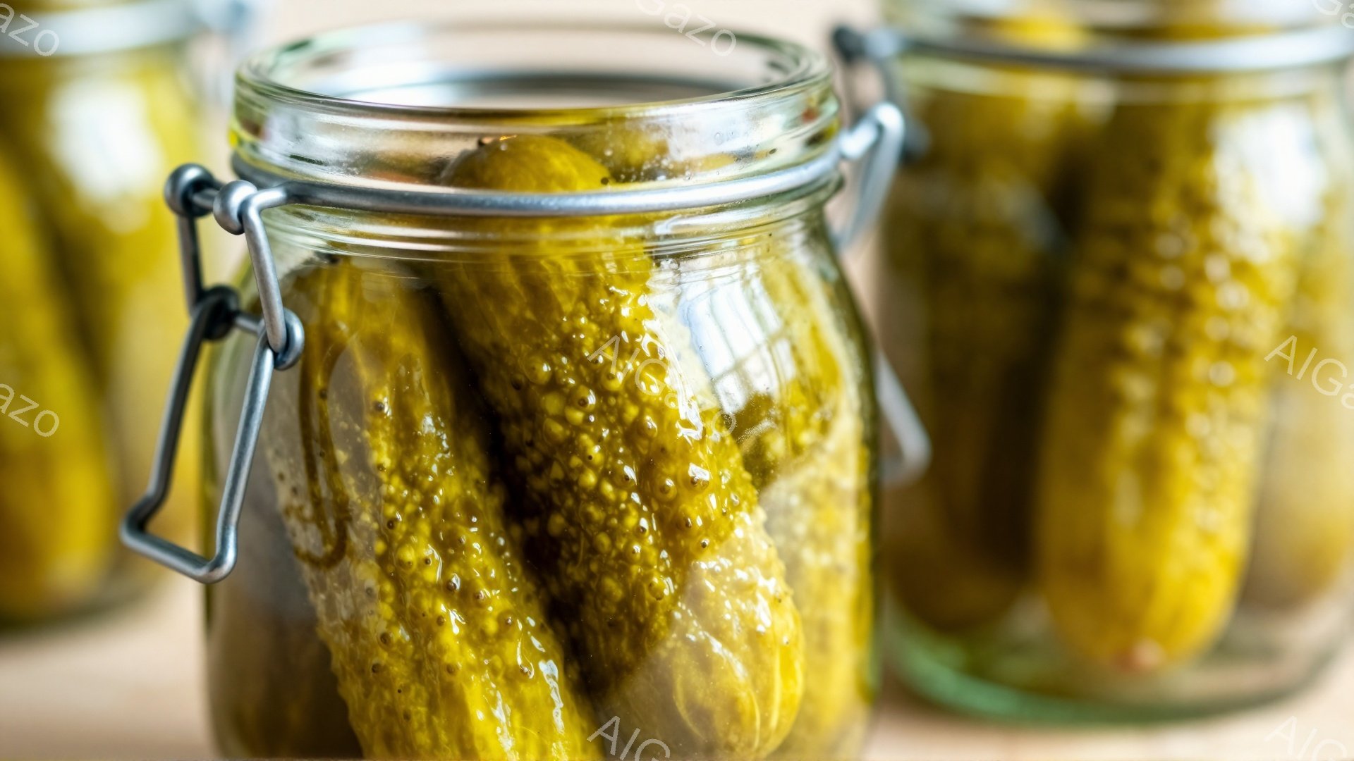 瓶詰めのきゅうりが数本、木製のテーブルの上に並んでいます。きゅうりは緑色で、塩漬けのようであり、瓶の中で液体に浸されています。背景には他の瓶がぼやけて見え、全体的に素朴で食欲をそそる雰囲気です。 - AI生成フリー素材