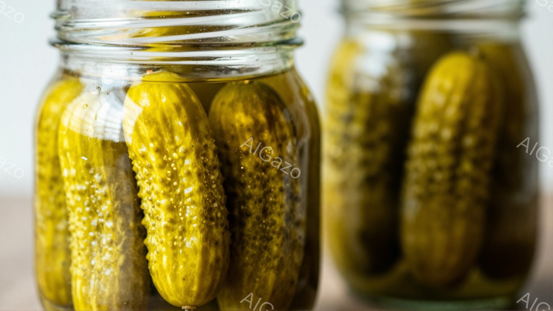 2つのガラス瓶に、ピクルスと思われる緑色のキュウリがぎっしりと詰まっています。キュウリは液体に浸されており、瓶の側面には水滴が見られます。背景は木製のテーブルトップで、全体的に明るく、家庭的な雰囲気を醸し出しています。