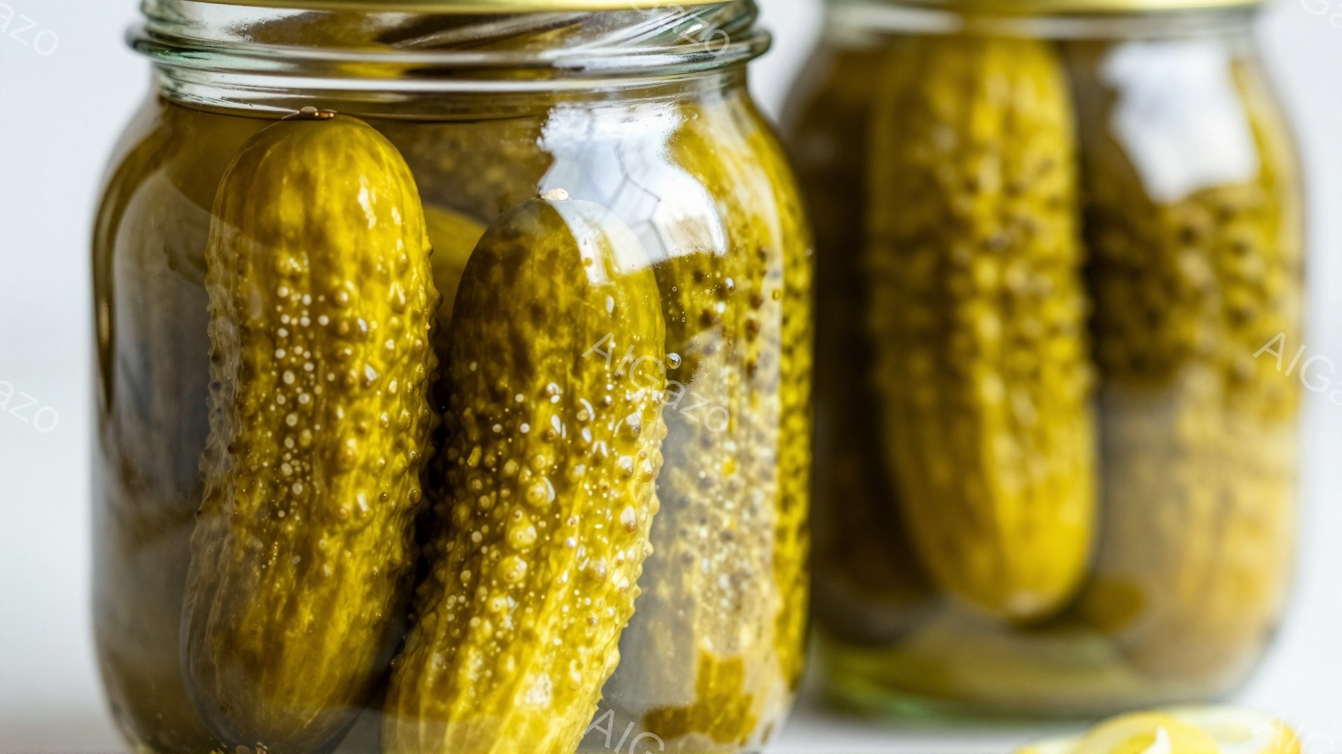 瓶の中にピクルスがぎっしりと詰まっており、鮮やかな緑色が目に映えます。瓶のガラスを通して、ピクルスの表面のシワやスパイスが見え、食欲をそそる様子が伝わってきます。背景は白く、ピクルスが際立っており、清潔感のある印象を与えます。