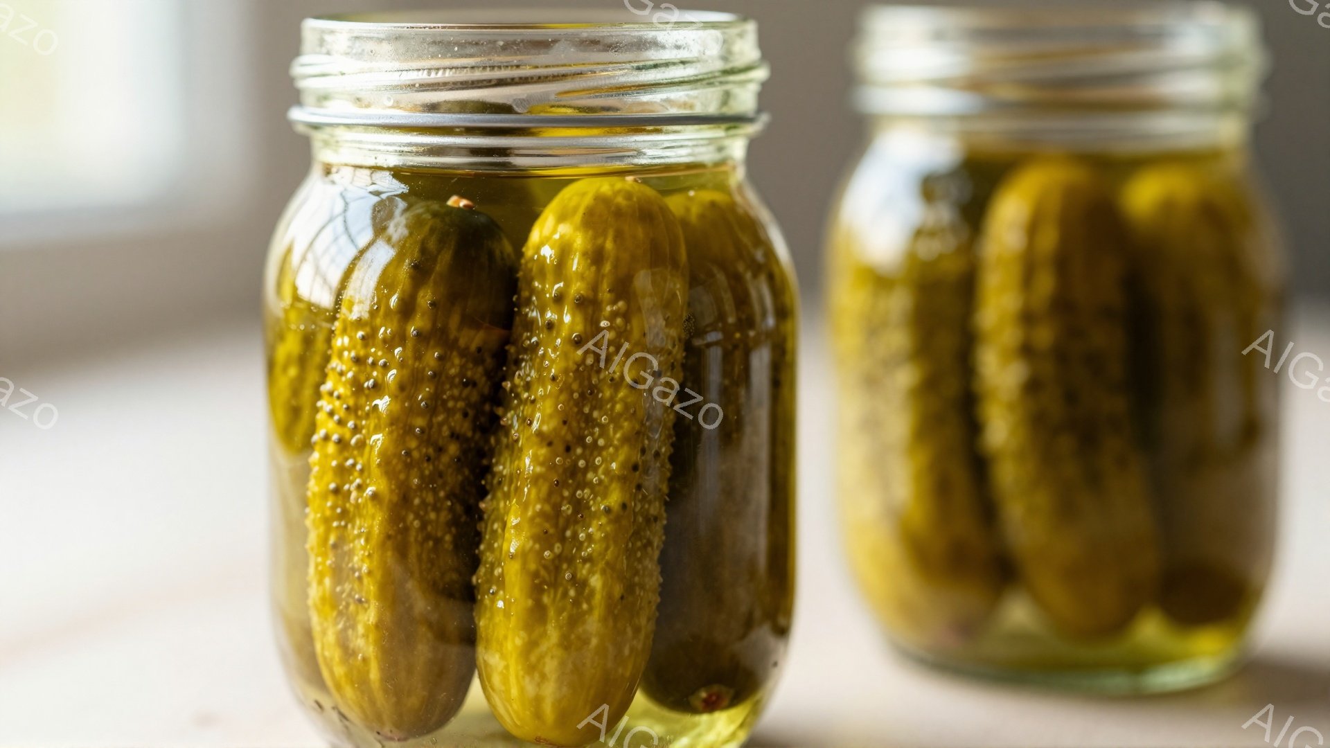 瓶の中にピクルスが並んでおり、鮮やかな緑色が特徴的です。ピクルスはぎっしりと詰め込まれ、透明な液体に浸されています。背景はぼやけており、木製のテーブルのようなものが確認できます。