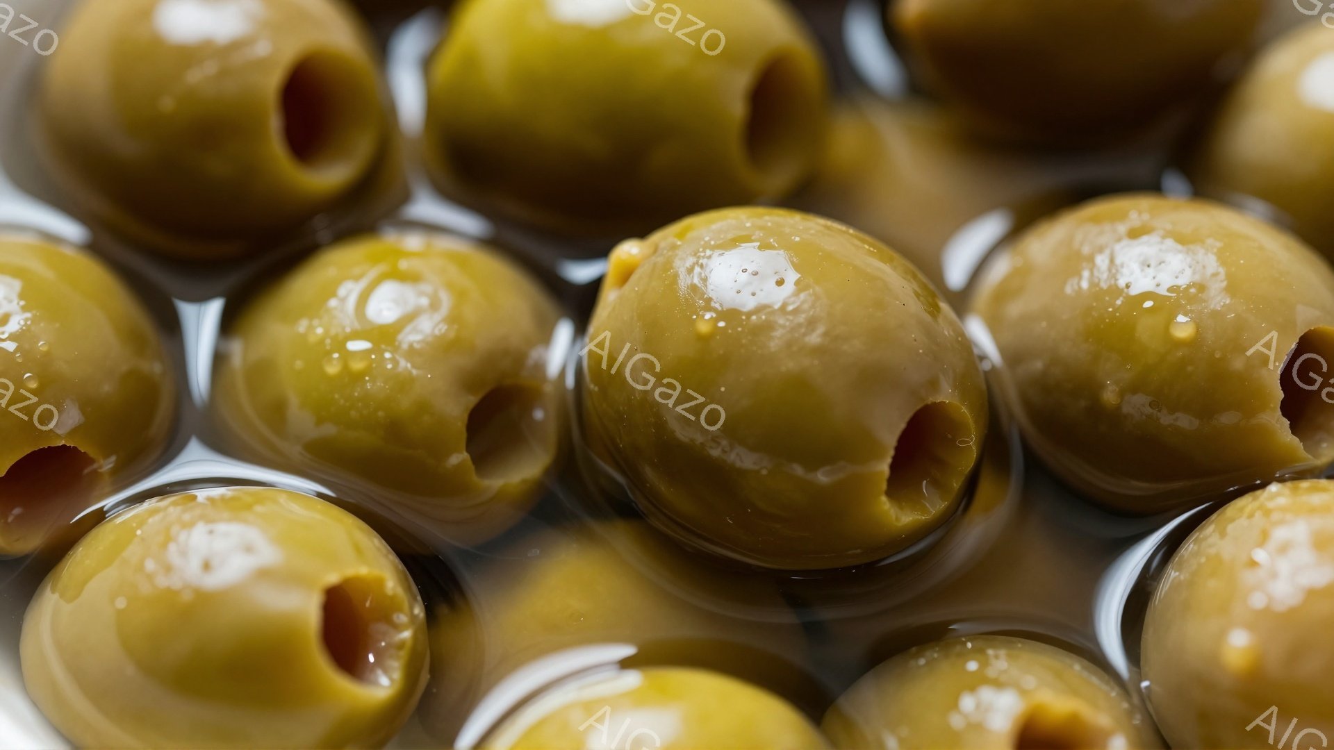 鮮やかな緑色のオリーブが、透明な液体に浸かって密集して配置されています。それぞれのオリーブは丸みを帯びており、中央に種が入った窪みが見られます。光沢があり、液体が表面を覆っているため、しっとりとした質 - AI生成フリー素材