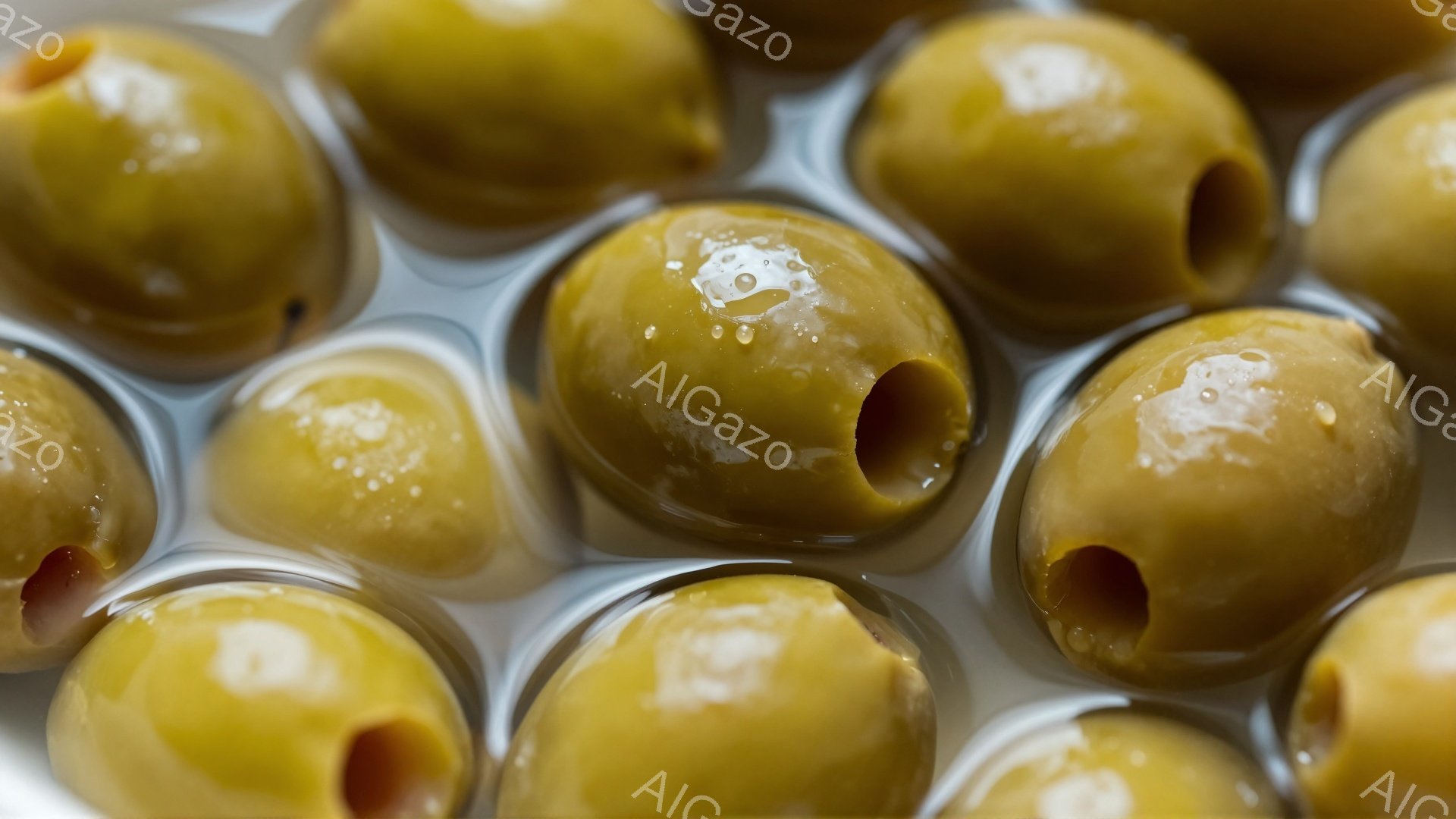 画像は、オリーブが液体に浸されたクローズアップ写真です。オリーブは鮮やかな緑色で、それぞれに種が入った窪みがあり、表面には光沢のある油分が見られます。背景はぼやけており、オリーブの質感と色彩が際立っています。