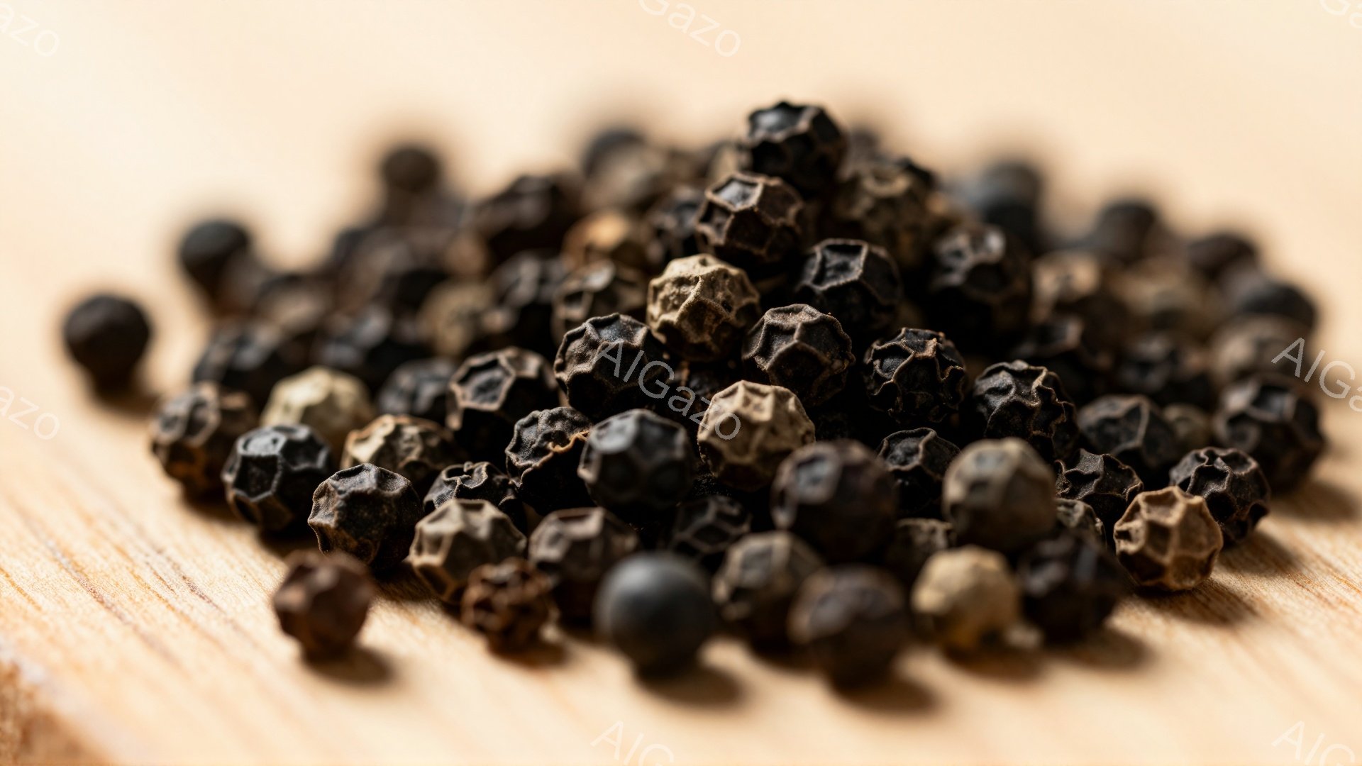 粗くざらざらした木製の背景の上に、黒胡椒の実が密集して写っている。胡椒の実の色は、濃い黒色から茶色っぽい色合いまで様々で、光の当たり具合によって微妙な質感の違いがわかる。全体的に、シンプルで素朴な雰囲 - AI生成フリー素材