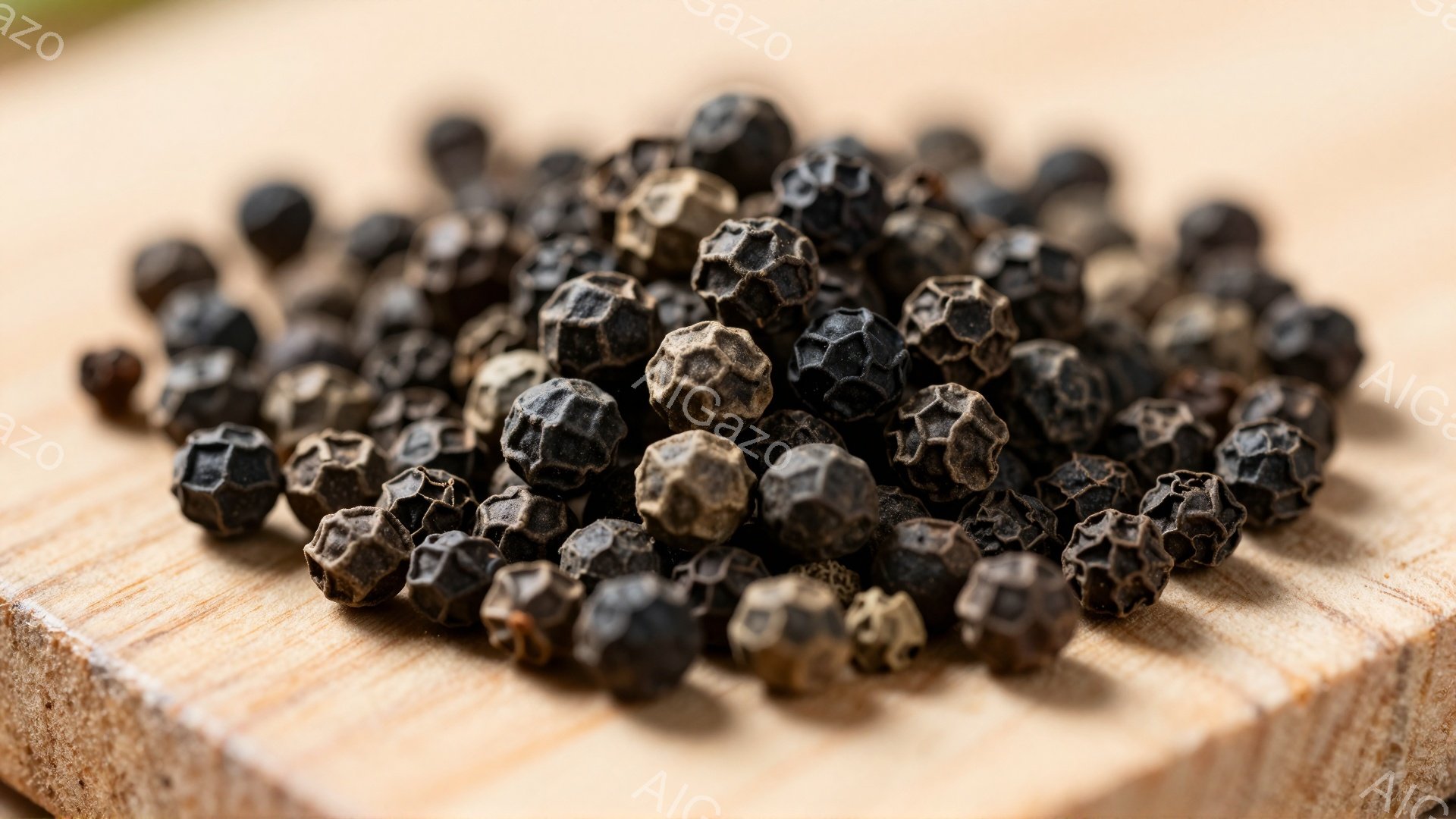 粗い木製の板の上に、黒胡椒が山積みにされている。胡椒は様々な濃さの茶色と黒色をしており、表面には細かいシワや凹凸が見られる。背景はぼかされており、胡椒の質感と色合いが際立っている。 - AI生成フリー素材