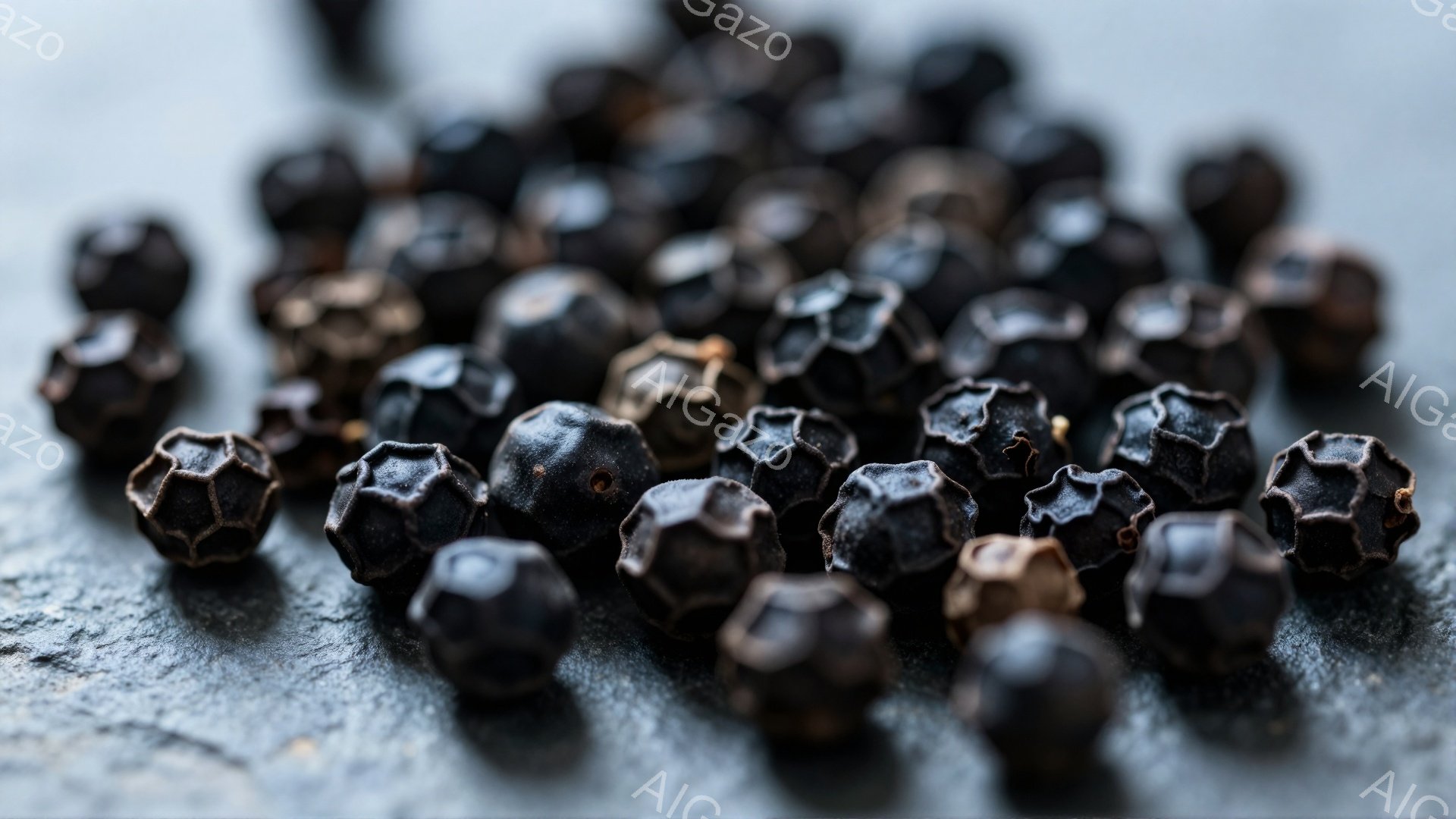 画像は、黒胡椒の粒が石板のような表面に散りばめられたクローズアップ写真です。粒は暗いグレーと黒の色合いで、表面には独特のしわや質感が見られます。 全体的に、重厚感があり、素朴で自然な雰囲気が漂っています。