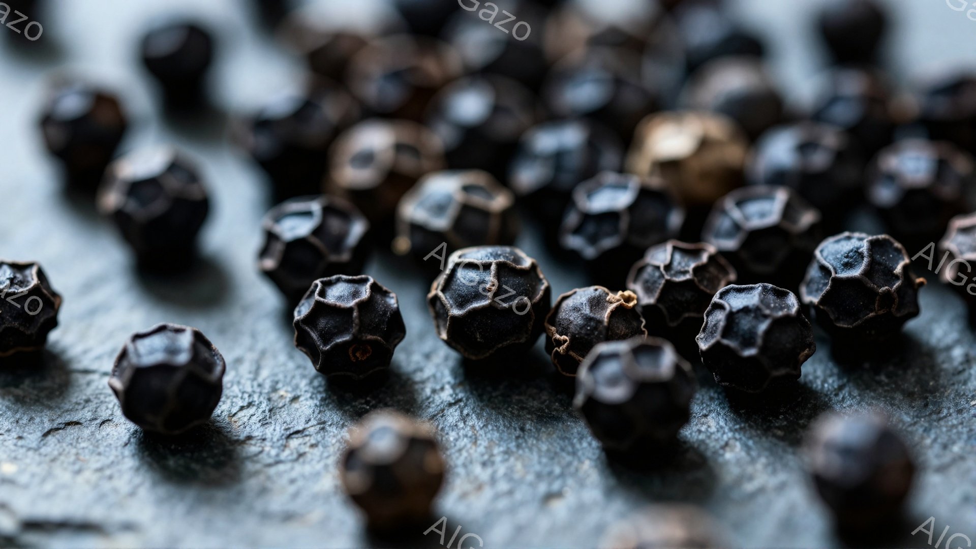 この画像は、黒胡椒の実が石のような表面に散りばめられたクローズアップ写真です。実たちは暗いグレーと黒の色調で、複雑な皺が特徴的です。全体的に、落ち着いた陰影があり、料理や食材のテクスチャを強調した、静物写真のような雰囲気です。
