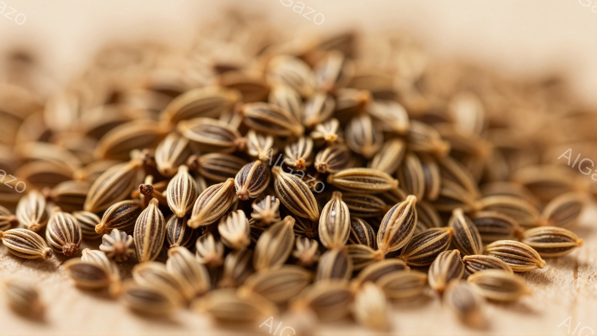 画像には、木目調の背景に散りばめられたコリアンダーの種が写っています。種は細長く、茶色とクリーム色の縞模様があり、互いに密接に接しています。全体的に、暖かく、自然な、そして食感豊かな雰囲気です。