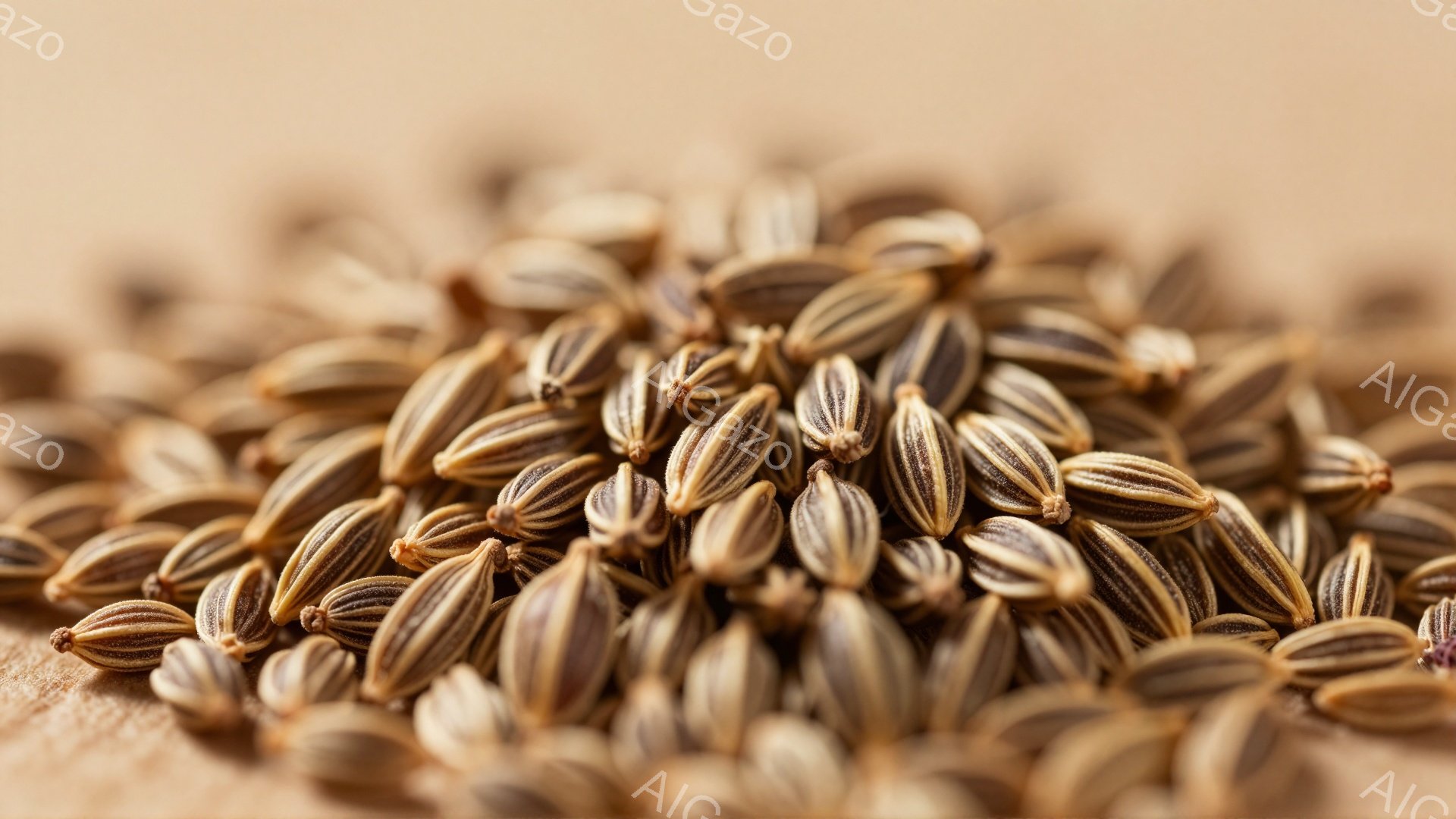 画像は、茶色い木製の背景に散りばめられたアジアンコリアンダー（またはコリアンダーシード）の種子のクローズアップです。種子は細長く、茶色と白の縞模様があり、自然な質感と有機的な形状が強調されています。全体的に、暖かく、素朴で、自然な雰囲気であり、スパイスやハーブの豊かさを感じさせます。