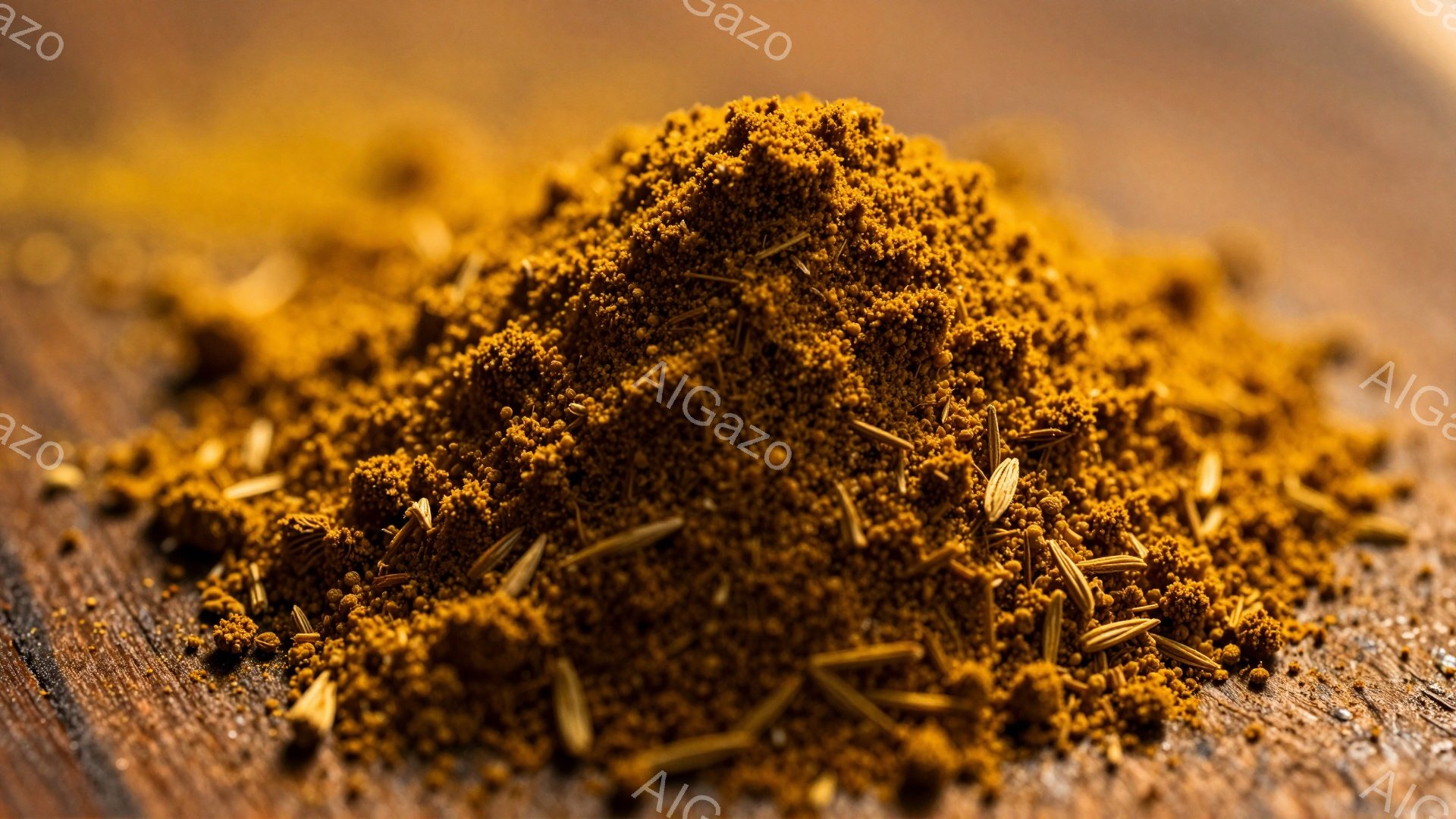 濃い茶色の木製の表面に、オレンジがかった茶色の粉末状のスパイスが山積みになっています。その中には細長い種子が散りばめられており、食欲をそそる印象を与えます。全体的に暖色系のトーンで、料理に使われる食材のクローズアップ写真のようです。