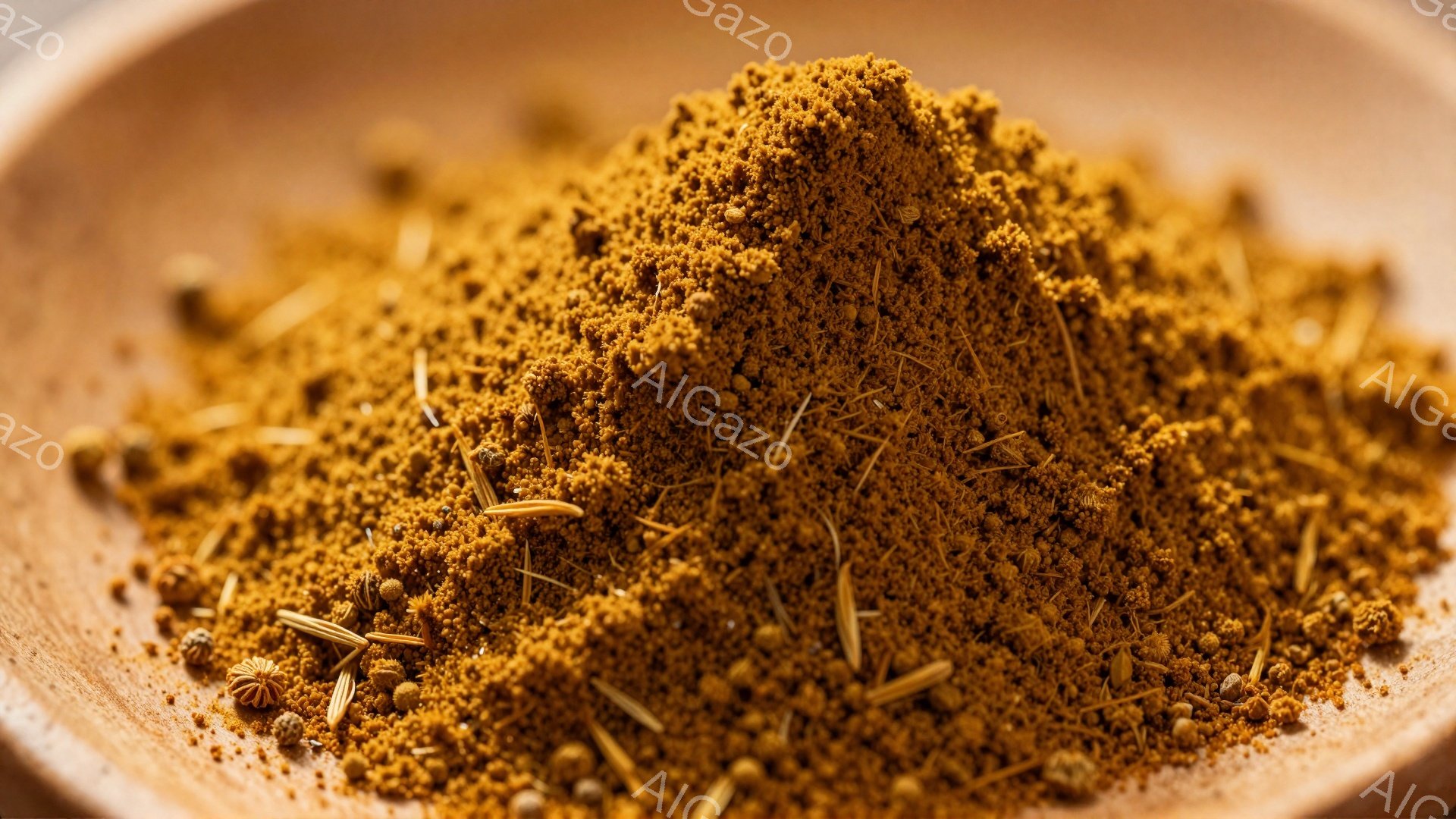 茶色い木製のボウルの中に、スパイスの粉末が山積みに盛られています。粉末は鮮やかなオレンジ色と茶色の混合色で、小さく砕かれた種や茎のようなものが散りばめられています。全体的に温かく、エスニック料理に使われるスパイスのブレンドのようであり、食欲をそそる印象を与えます。