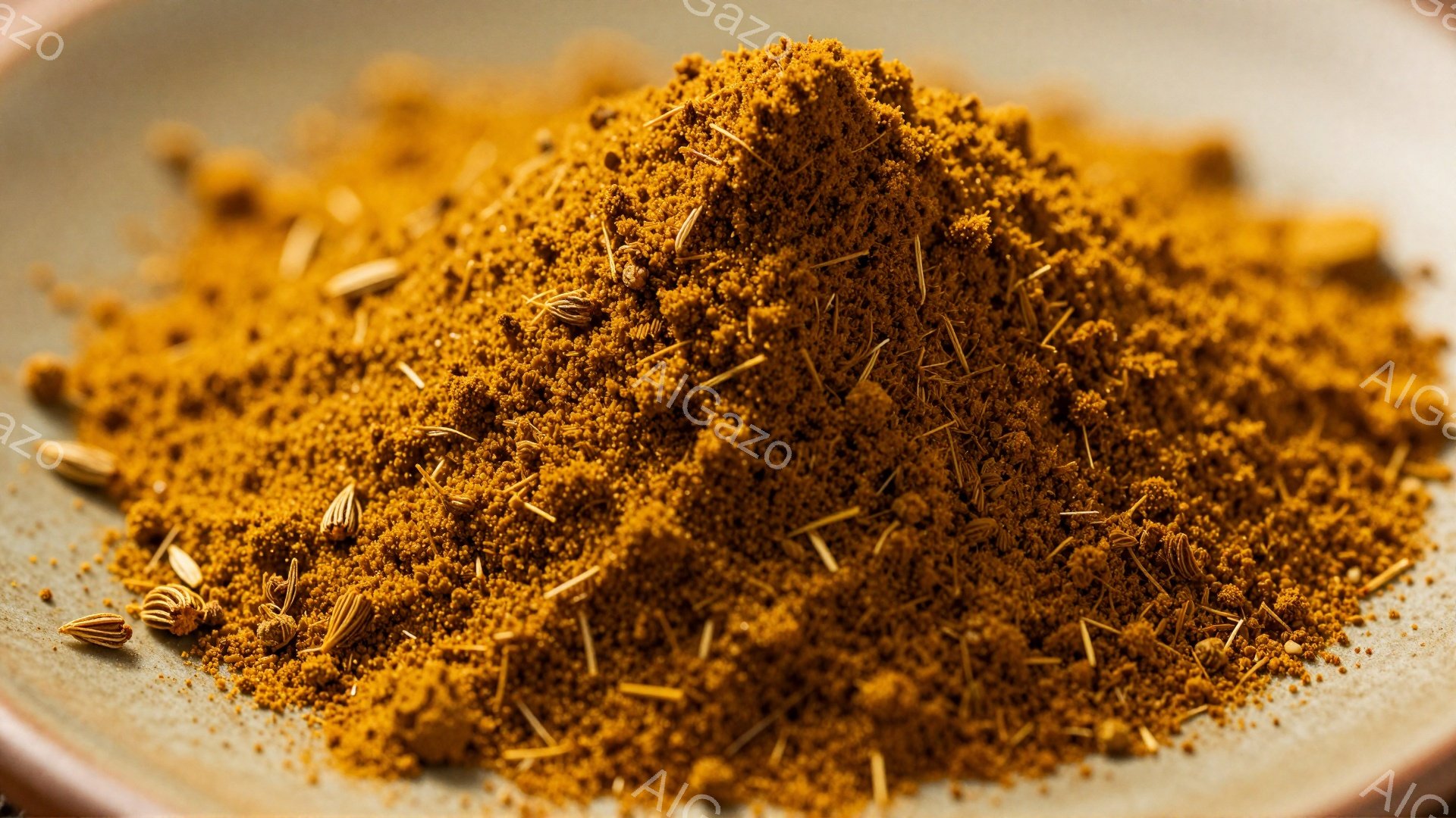 浅い灰緑色の皿に、鮮やかなオレンジ色の粉末状のスパイスが山積みに盛られています。粉末の中には、細長い茶色の種子が散りばめられており、香辛料のテクスチャと視覚的な面白さを際立たせています。全体的に、暖色 - AI生成フリー素材