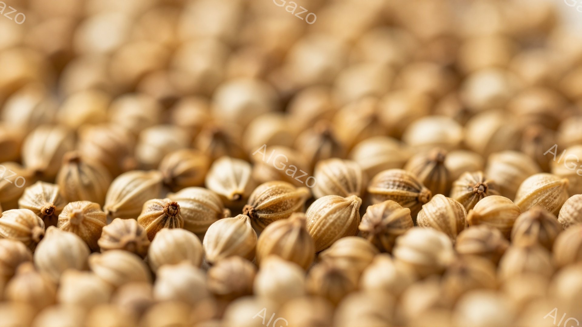 画像はコリアンダーの種子のクローズアップです。淡いベージュ色の小さな種子が密集しており、それぞれが独特の溝と表面のテクスチャを持っています。全体的に暖かく、自然な雰囲気で、香辛料や料理の材料として使用される様子が想像できます。