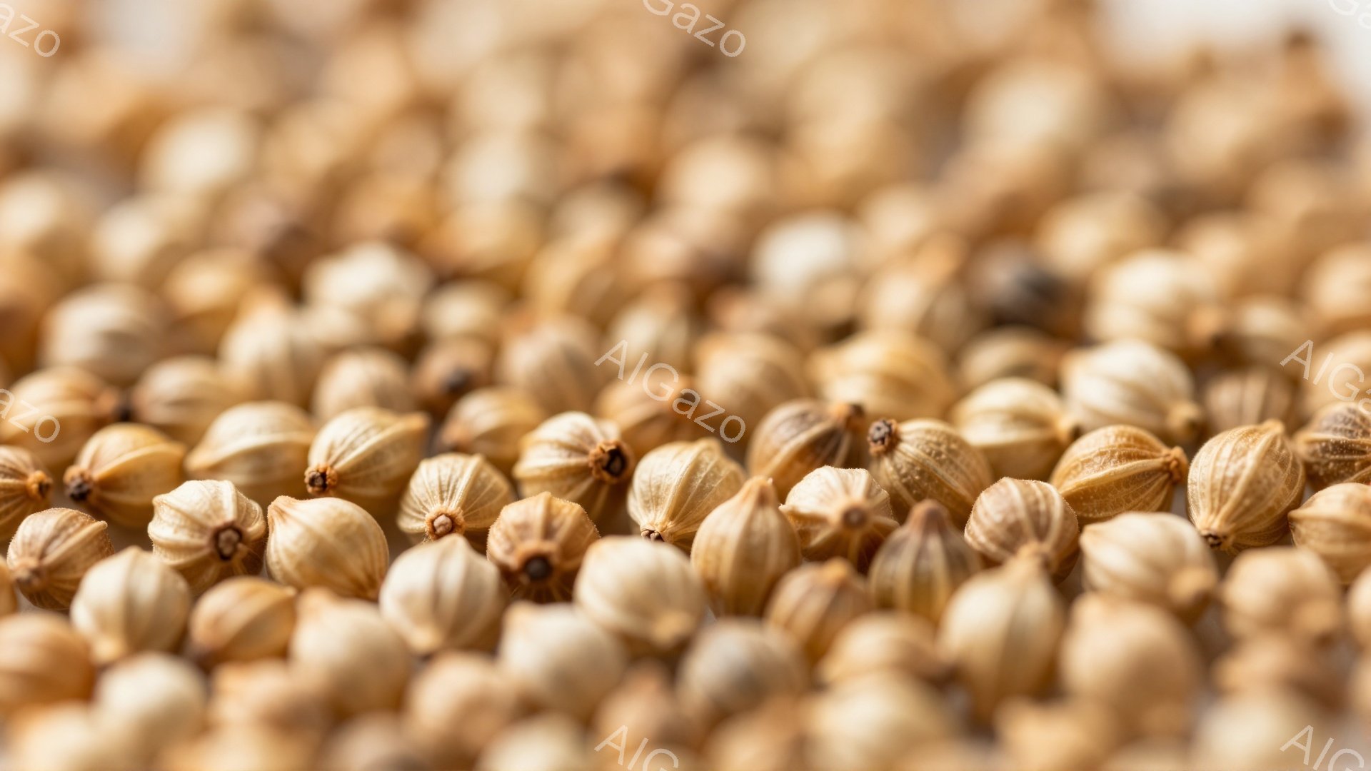 画像はコリアンダーの種をクローズアップしたもので、淡い茶色とクリーム色の小さな球体がびっしりと詰まっています。種子はわずかに溝が入り、独特の形状をしており、全体的に穏やかで自然な雰囲気を醸し出しています。背景はぼやけており、種子のテクスチャと形が強調されています。