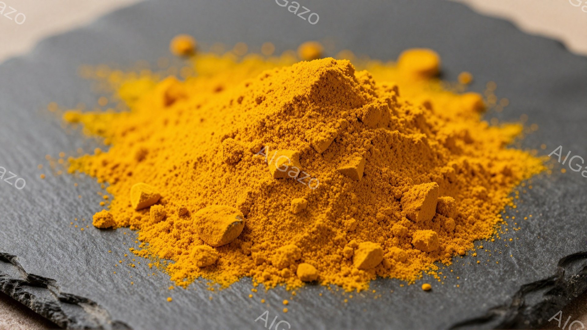 鮮やかな黄色のスパイスまたは粉末が、質感のある黒い石板の上に山のように積まれています。粉末は細かく、数個の固形物が散りばめられており、全体として暖かく、土のような雰囲気です。背景はぼやけていますが、石板の表面のテクスチャが強調されています。
