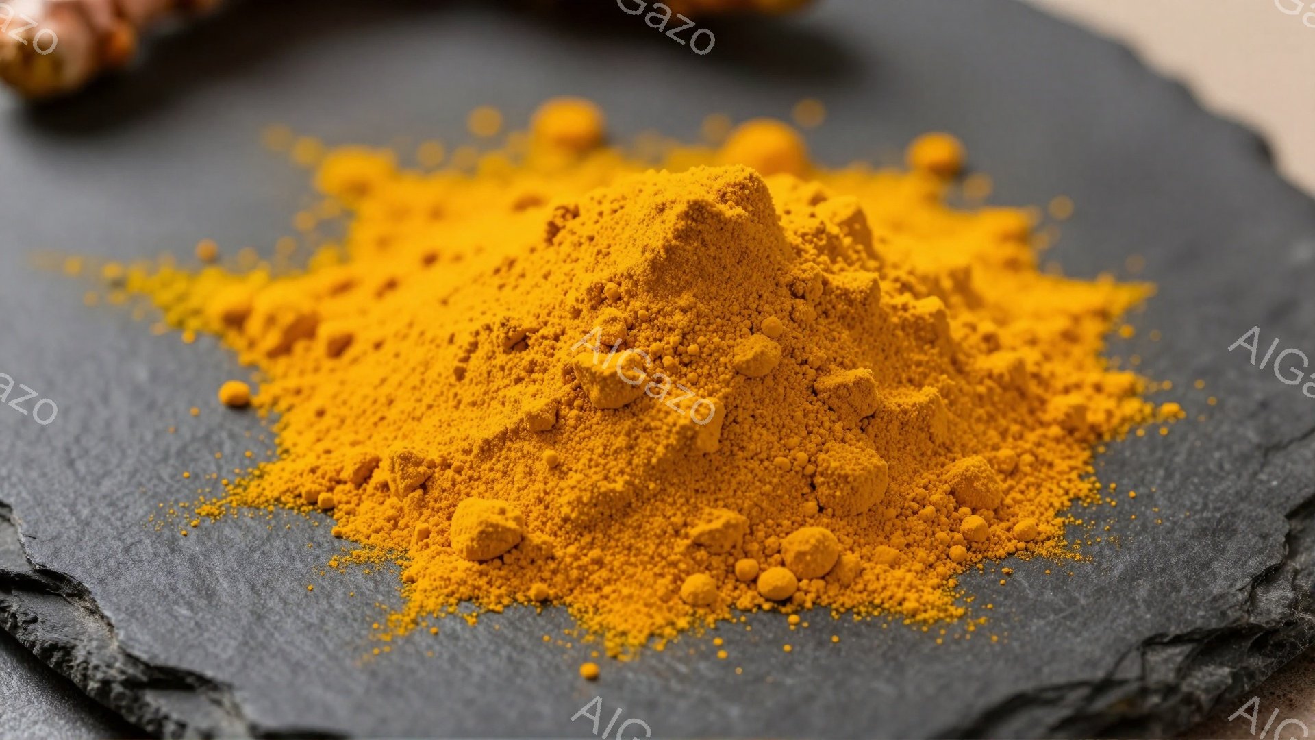画像は、黒いスレートのような表面に盛られたターメリックパウダーの鮮やかな山を捉えています。パウダーは濃いオレンジ色から黄色まで変化し、質感は細かく、粒子状です。背景はシンプルで、パウダーの色が際立って - AI生成フリー素材