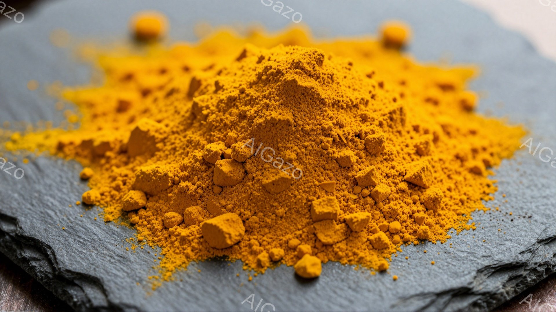 濃いグレーのスレートの上に、鮮やかな黄色の粉末が山積みに広がっている。粉末は微細な粒子と粗い塊が混ざり合い、テクスチャに変化をつけている。全体的に、暖かく、土のような雰囲気があり、スパイスや顔料を連想させる。