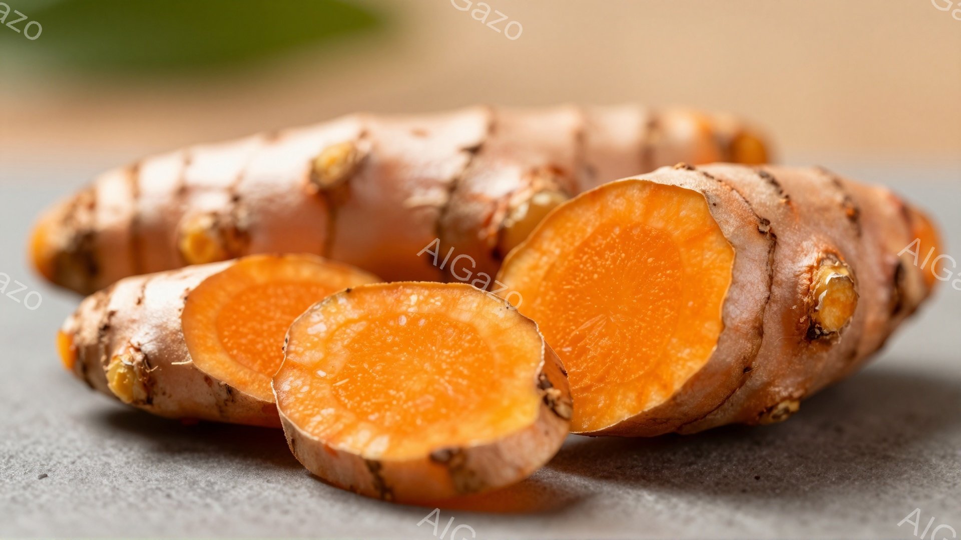 画像には、切り分けたターメリックの根が石板のような表面の上に置かれています。鮮やかなオレンジ色で、根の断面から内部の色がはっきりと見えます。背景はぼやけており、焦点はターメリックそのものに当てられています。