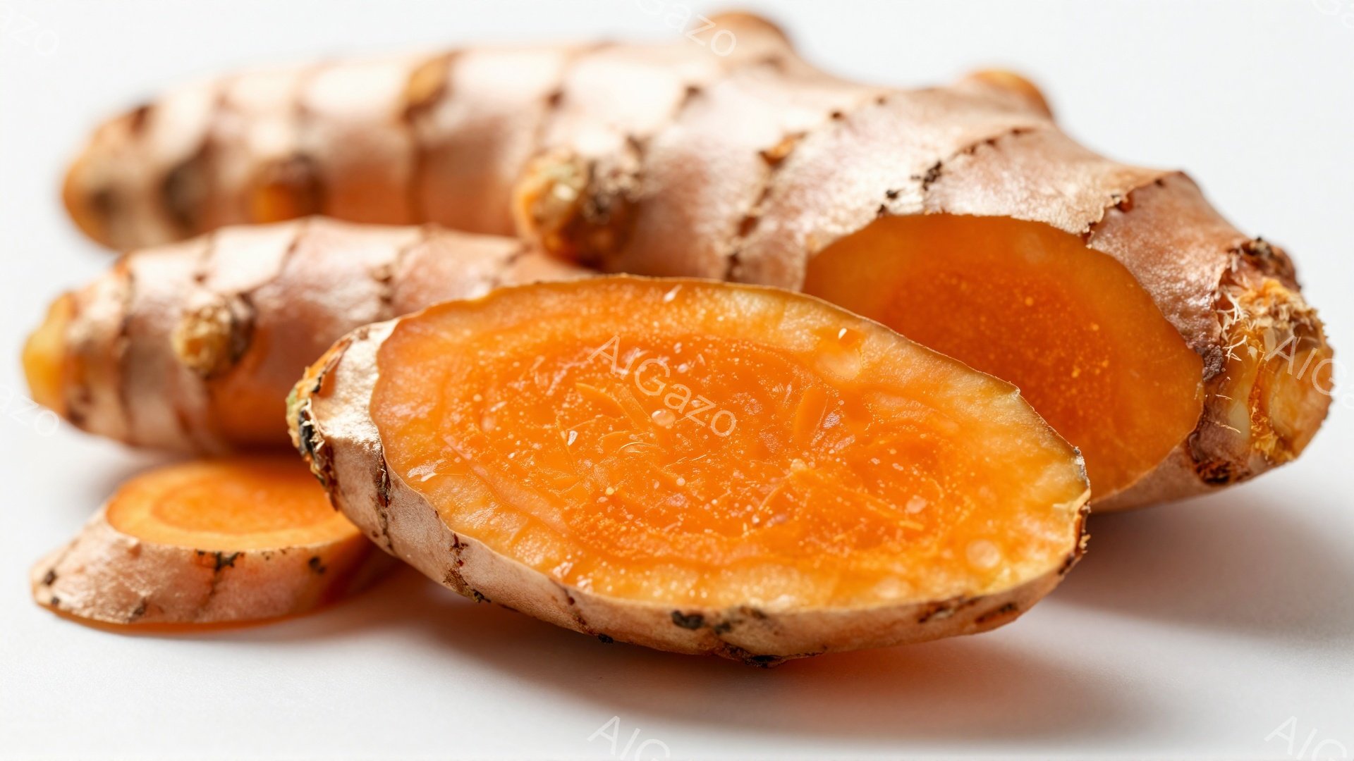 鮮やかなオレンジ色のターメリックの根がいくつか写っている写真です。ひとつは切り開かれており、内部の濃いオレンジ色がはっきりと見えます。背景は白く、ターメリックの色を際立たせています。 - AI生成フリー素材