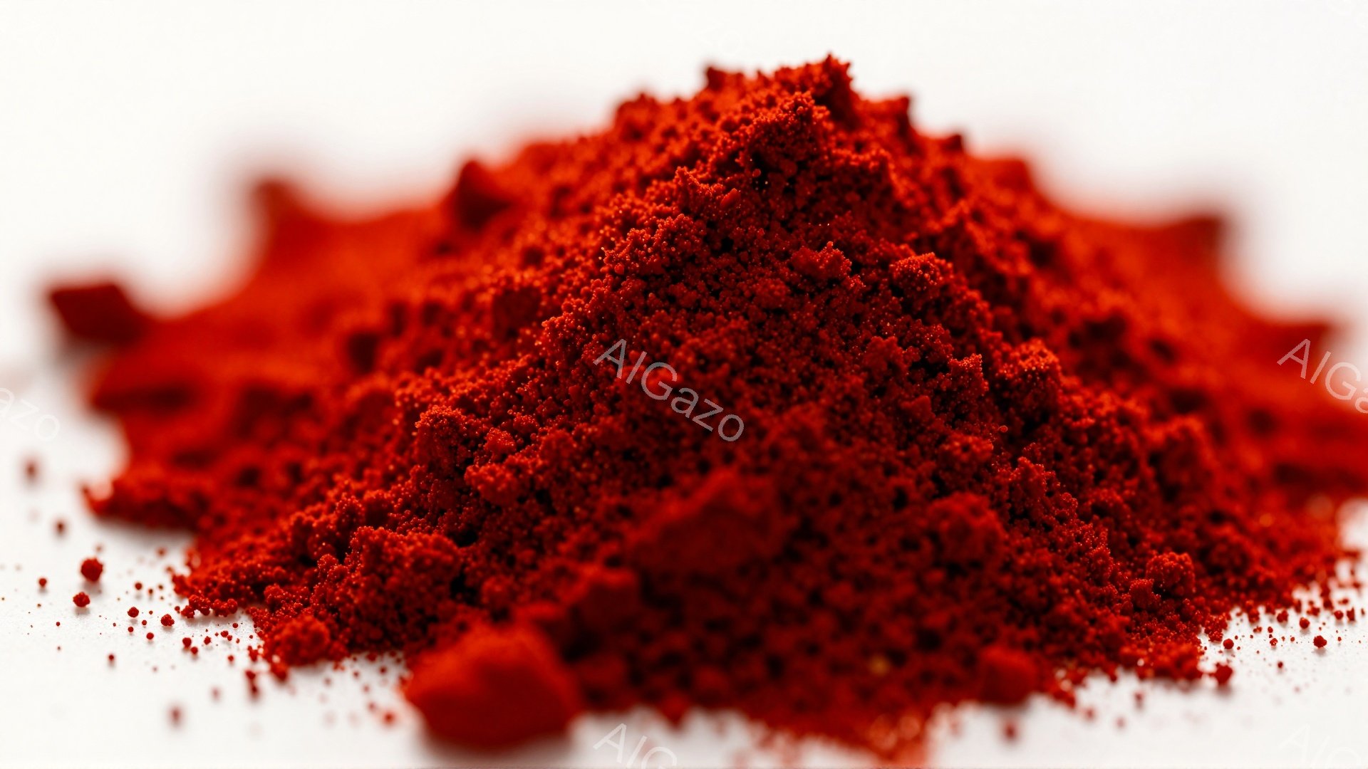 鮮やかな赤色の粉末が白い背景に山積みになっている。細かい粒状で、光沢はほとんどなく、マットな質感である。全体的に暖かく、どこか土のような、またはスパイスのような雰囲気を感じさせる。