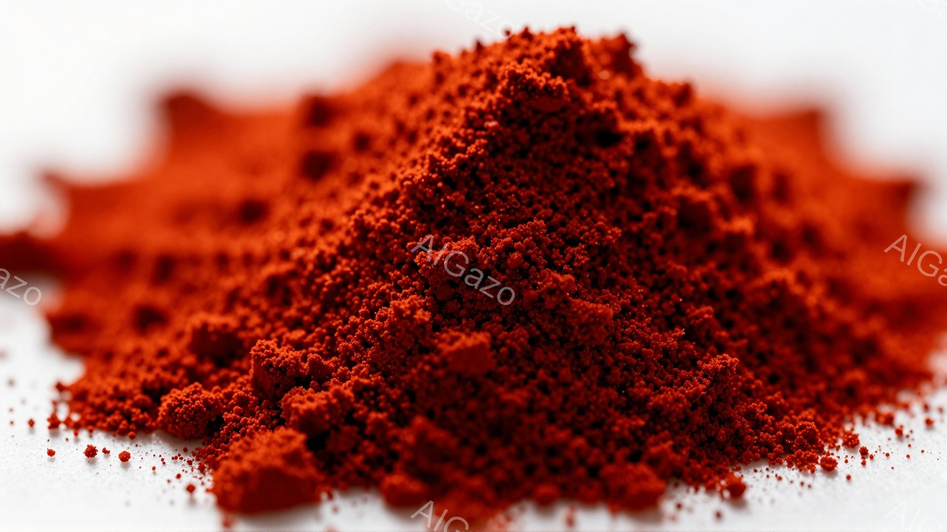 鮮やかな赤色のパウダーが白い背景に山積みにされている。粒子は細かく、まるで砂のような質感で、影がわずかに見られ、立体感を演出している。全体的に暖かく、テクスチャが強調された、ミニマルな印象を与える写真である。