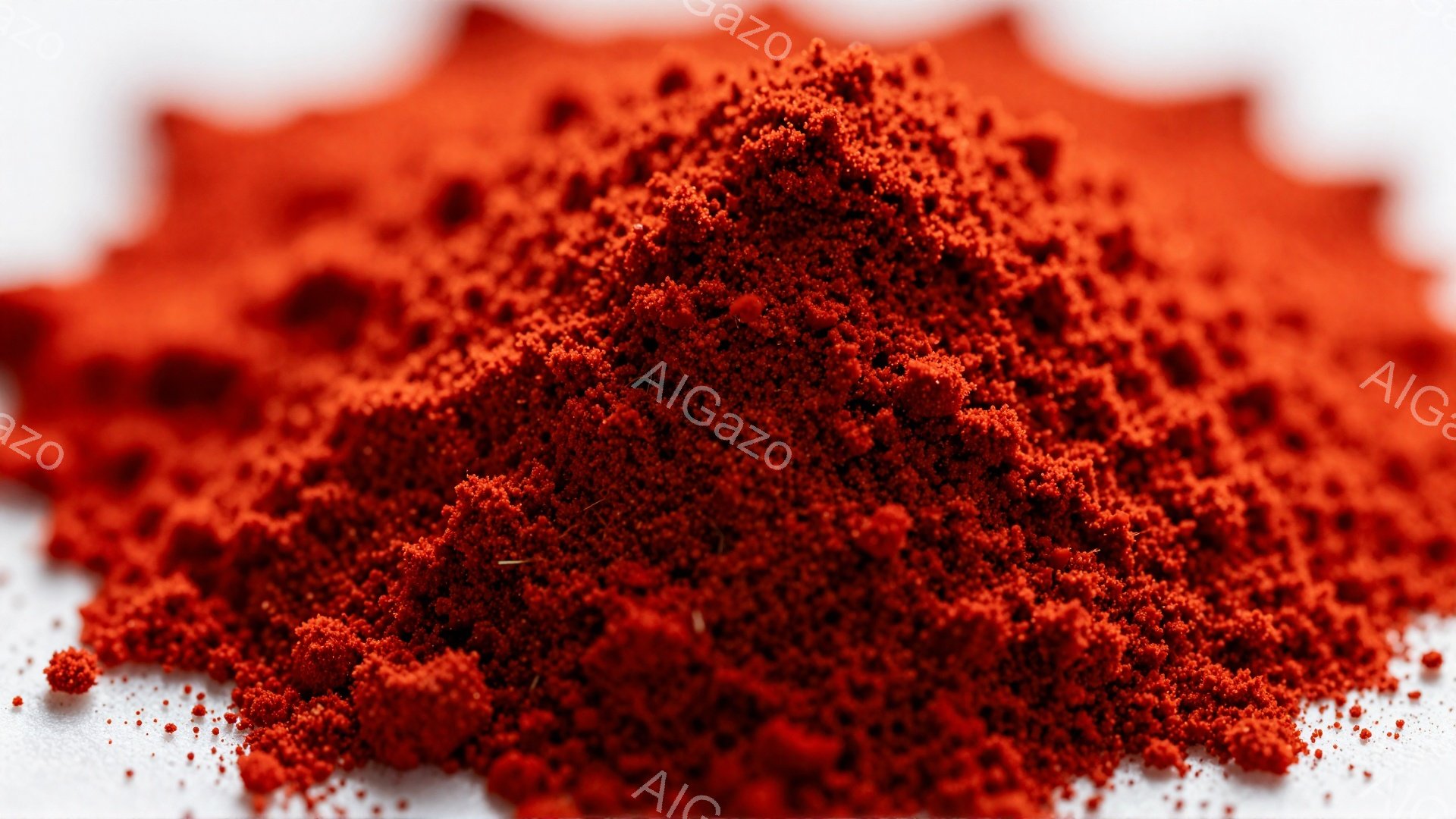 鮮やかな赤色の粉末が画面全体を覆い尽くしており、非常に細かい粒子が密集して積もっている様子がわかる。光沢はなく、マットな質感で、まるで赤い土やスパイスの粉末のようだ。背景は白く、粉末の赤色が際立っており、全体的に暖かく、力強い印象を与える。