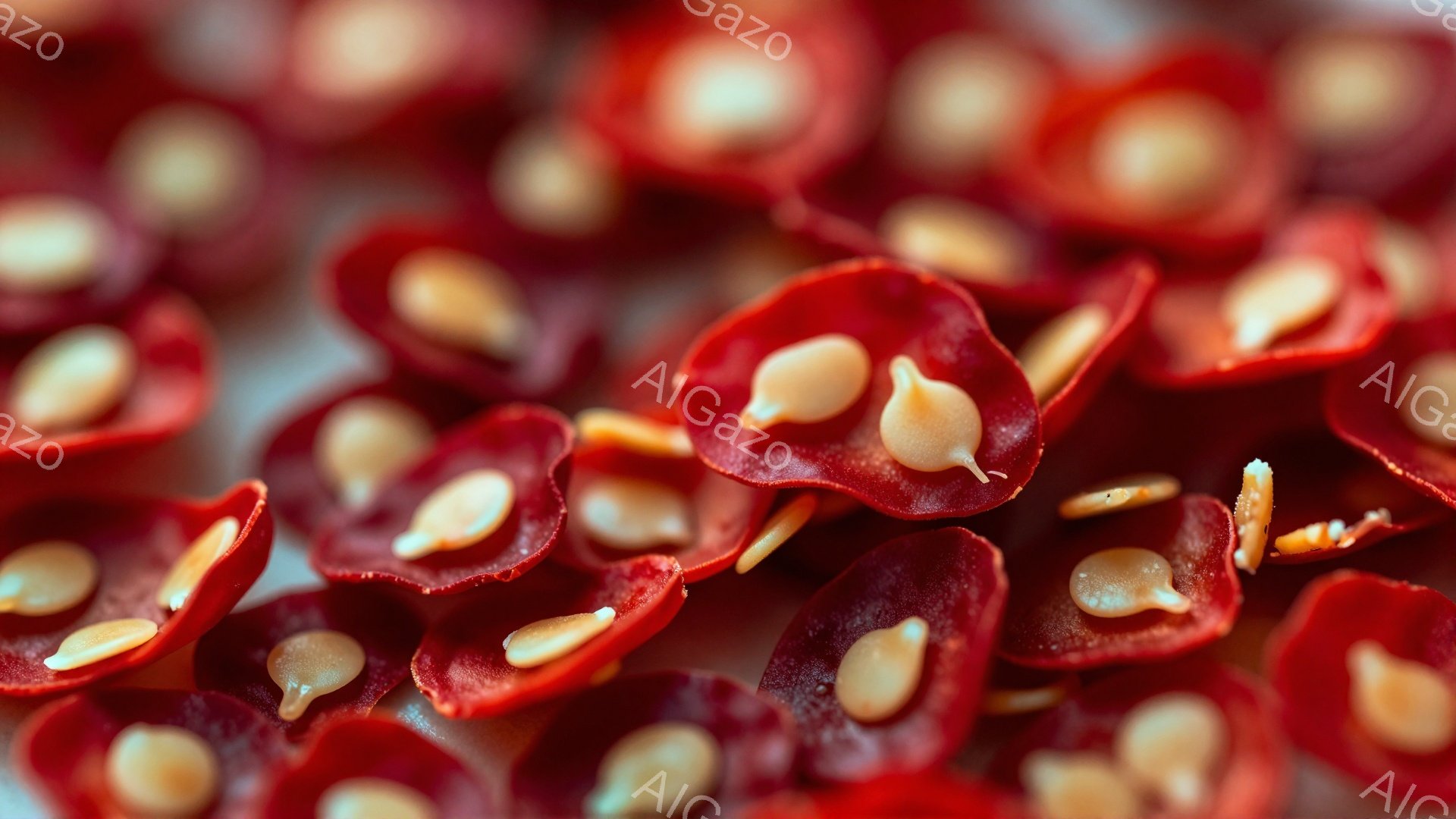 赤い実の断面が密集して写っている。種子は淡い黄色で、果肉は深紅色をしており、微細なテクスチャが確認できる。全体的にクローズアップされた構図で、生命の神秘や自然の美しさを表現している。