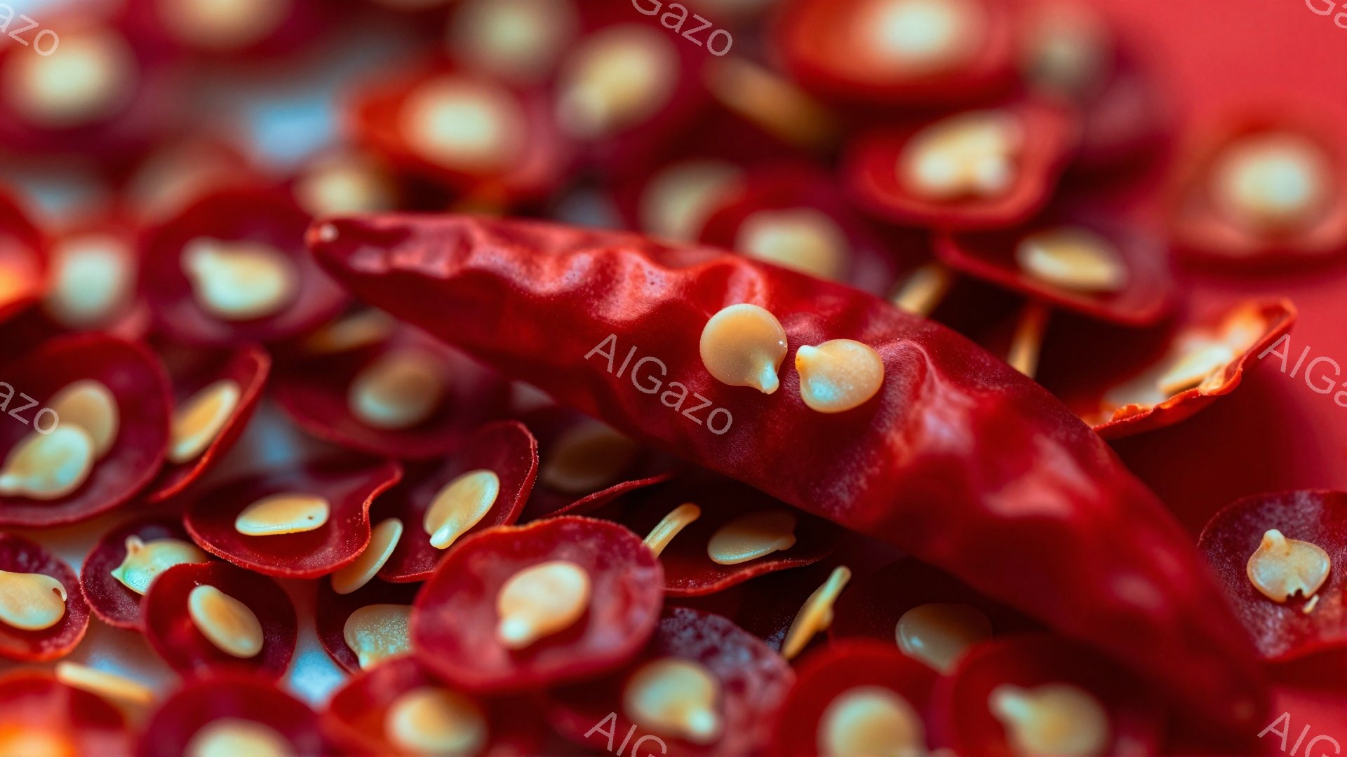 赤い唐辛子が大量に写っており、一つ一つが半分にカットされて種が見えています。唐辛子は鮮やかな赤色で、種はクリーム色をしており、コントラストが印象的です。全体的に、辛さと食欲をそそる、活気のある雰囲気です。