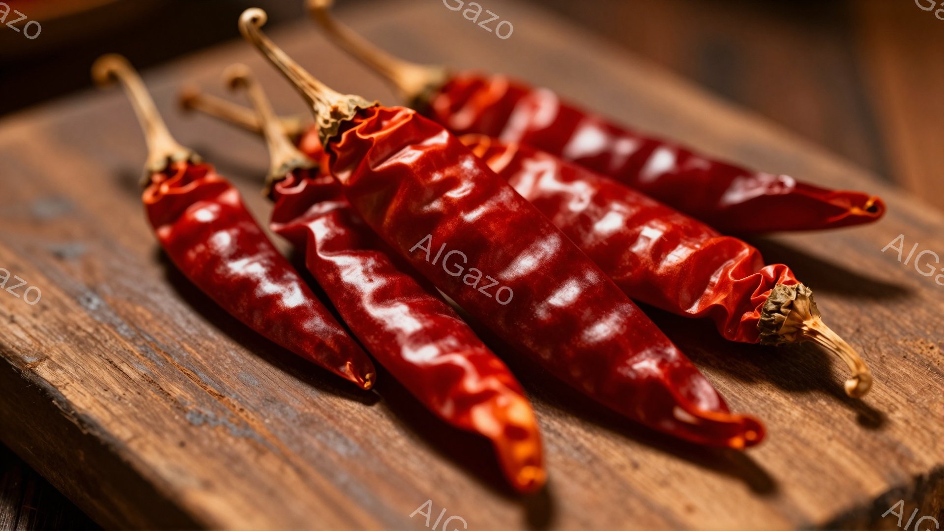 画像には、乾燥した赤唐辛子が木製の板の上に置かれている様子が写っている。唐辛子は鮮やかな赤色で、シワが寄っており、自然乾燥された質感が伝わる。背景の木材は、暖色系の色合いで、唐辛子の赤色をより際立たせ - AI生成フリー素材