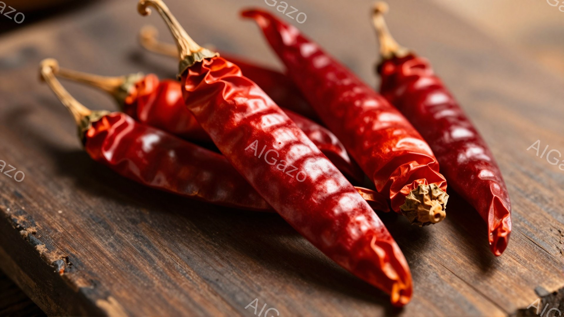 画像には、しわがれた赤唐辛子が３本、木製のテーブルの上に並んでいます。唐辛子は乾燥しており、独特の質感が強調されています。背景の木製テーブルは古く、温かみのある雰囲気を醸し出しています。