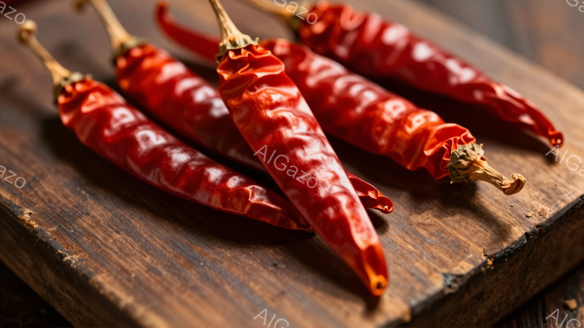 画像には、しわくちゃになった乾燥唐辛子が、木製の板の上に横たわっています。唐辛子は深紅色で、独特の形状をしており、自然な質感が強調されています。背景の木材は古く、ざらざらとした質感で、唐辛子の素朴な雰囲気を引き立てています。