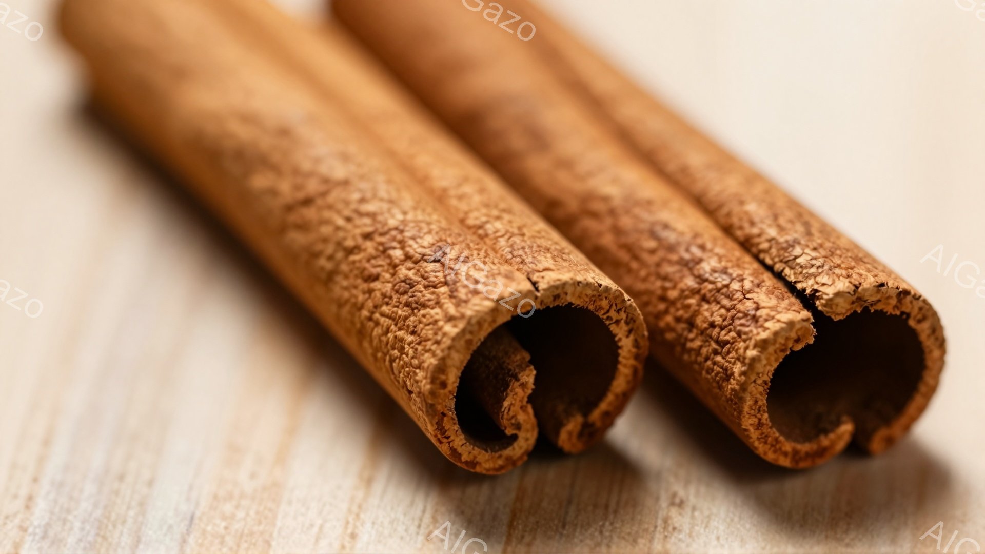 画像にはシナモンスティックが3本、淡い木目の背景の上に並べられています。スティックはカールしており、内部が空洞になっているのが特徴的で、表面には細かい溝が見られます。全体的に暖色系の色合いで、穏やかで - AI生成フリー素材